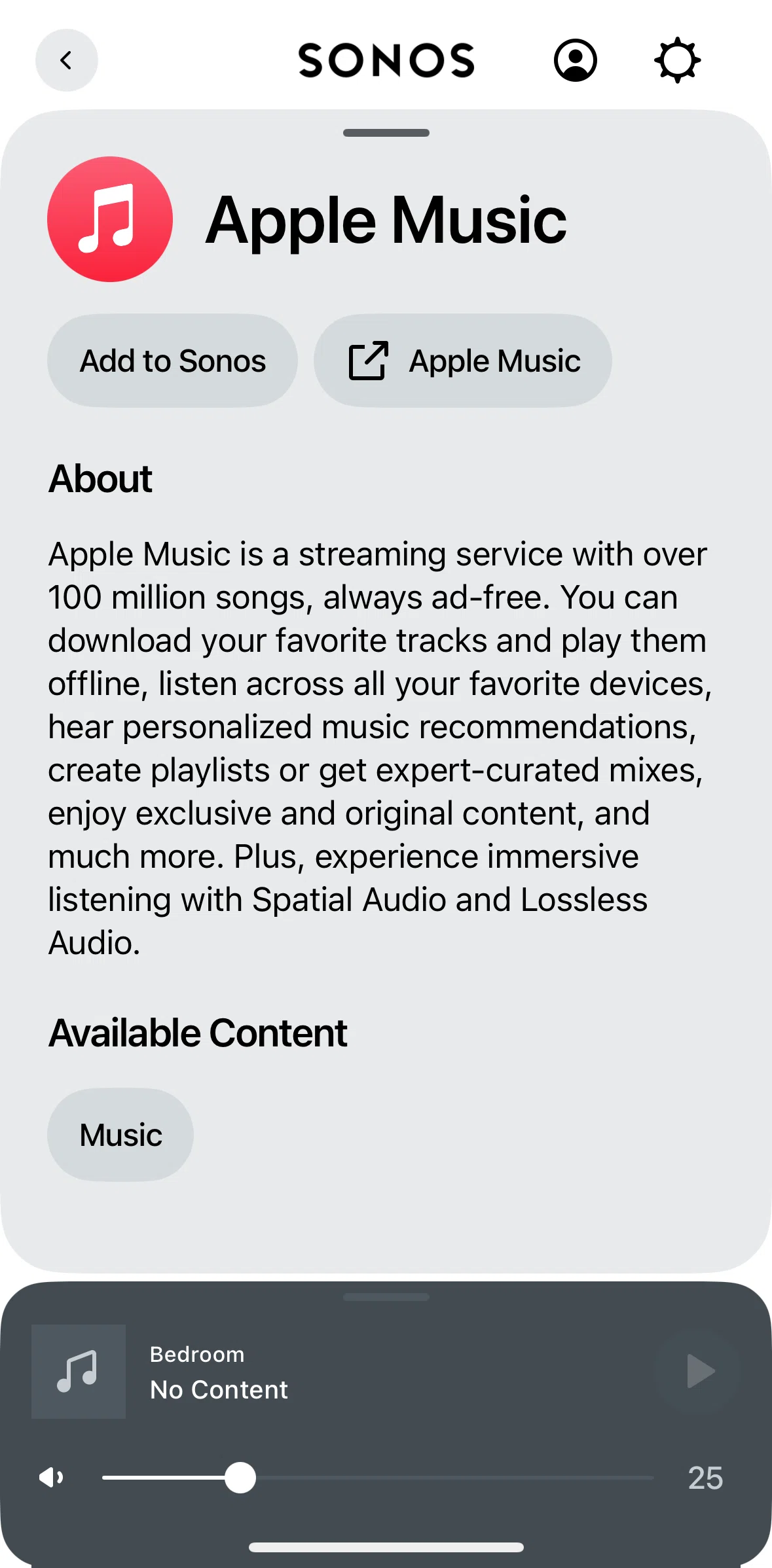 Sonos Screen screen in the Adding a content service flow