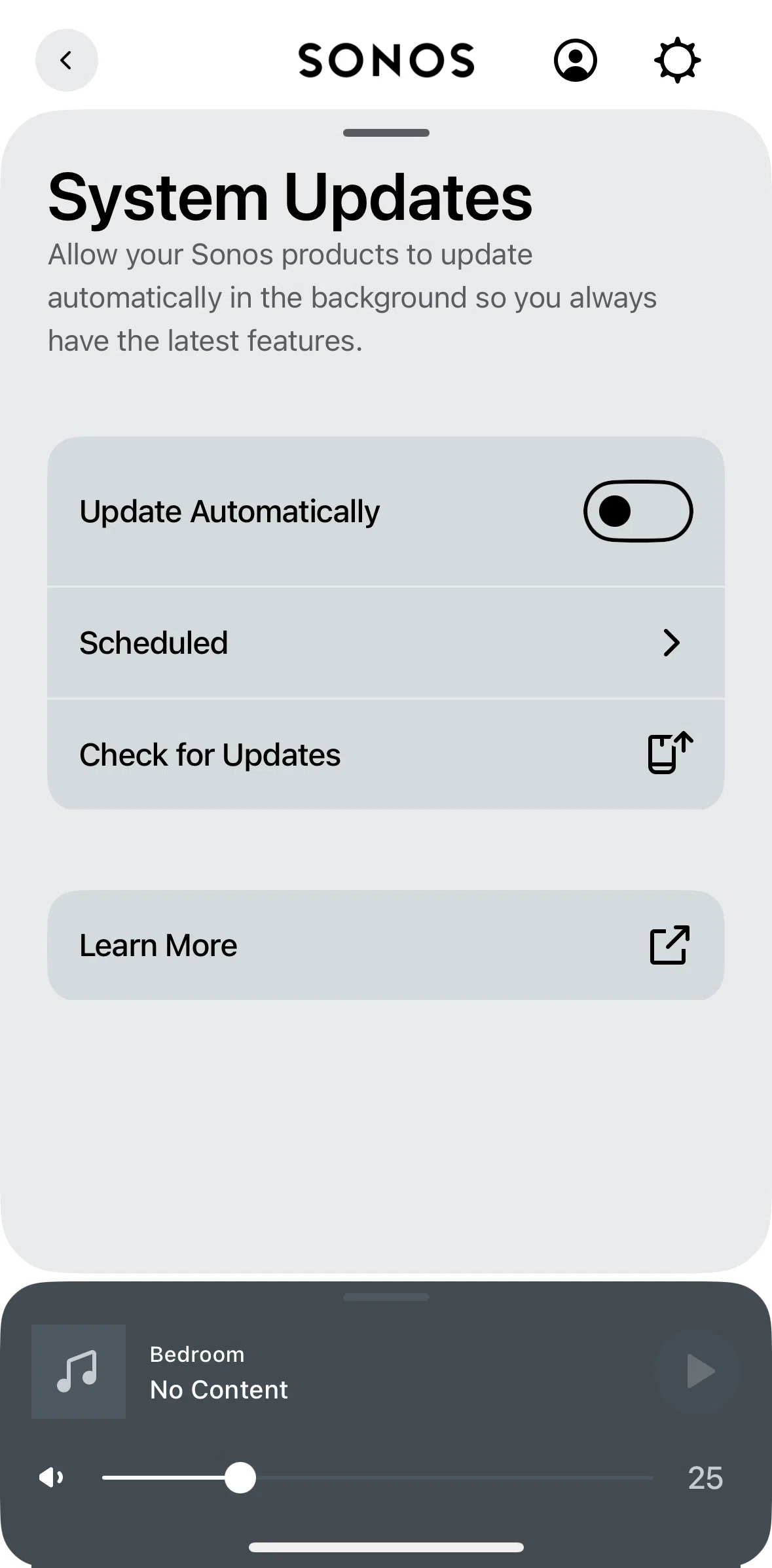 Sonos Screen screen in the Checking for updates flow