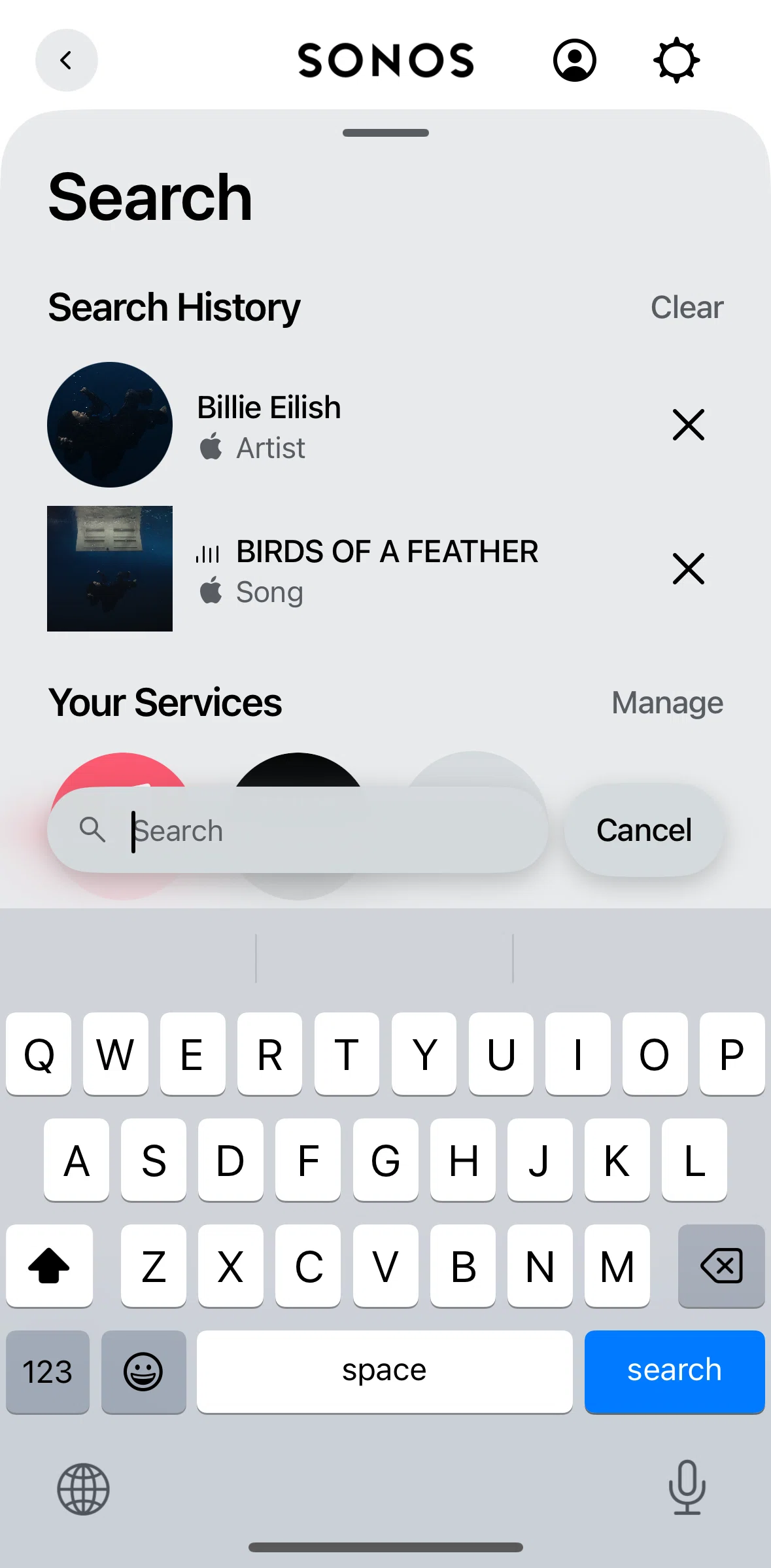 Sonos Screen screen in the Clearing search history flow