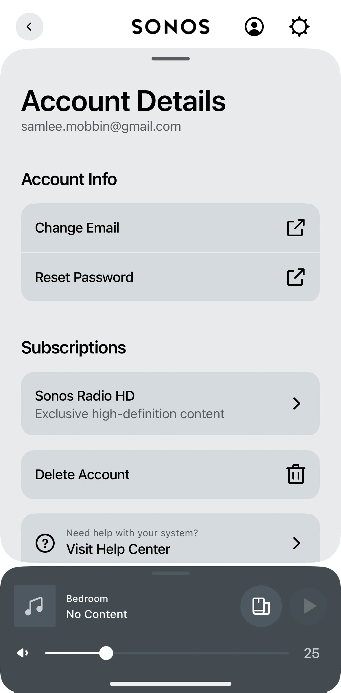 Sonos Screen screen in the Deleting account flow