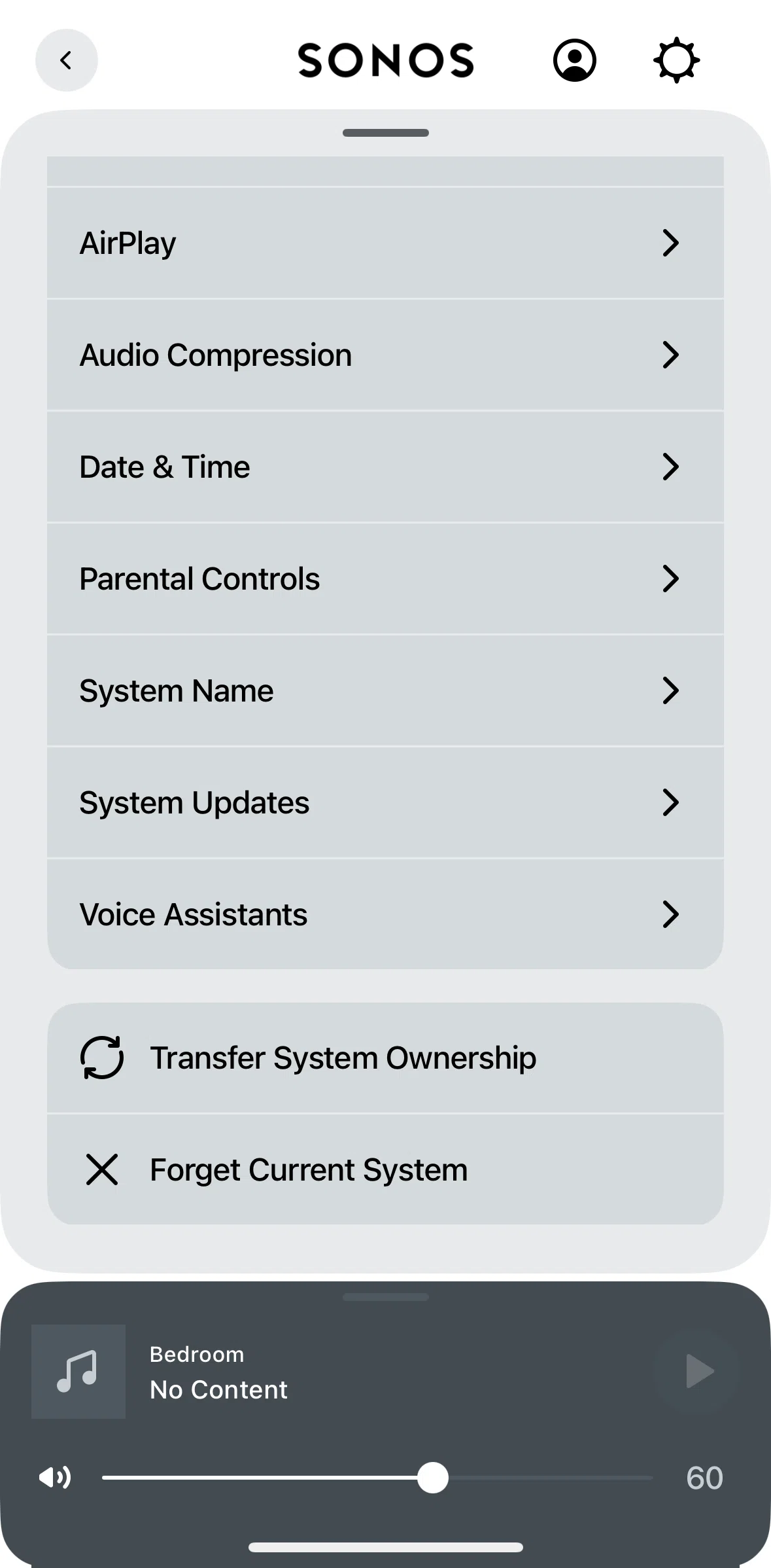 Sonos Screen screen in the Forgetting system flow