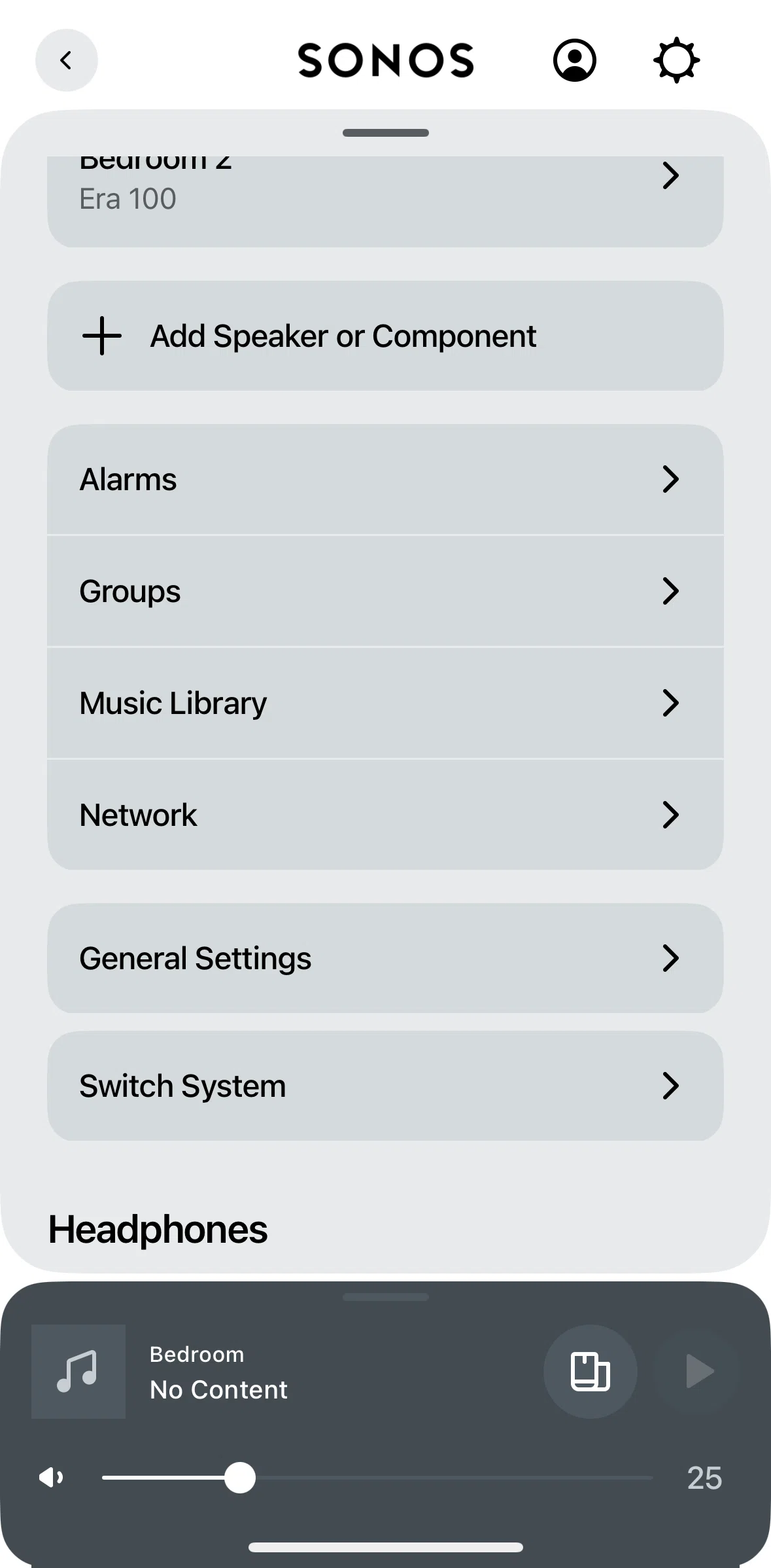 Sonos Screen screen in the Switch system flow