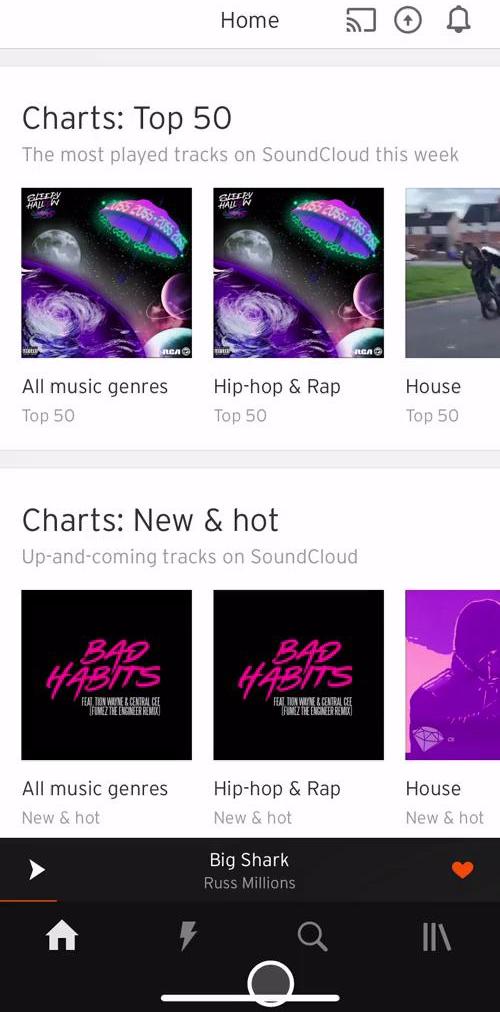 Soundcloud Home screen in the Creating A Playlist flow