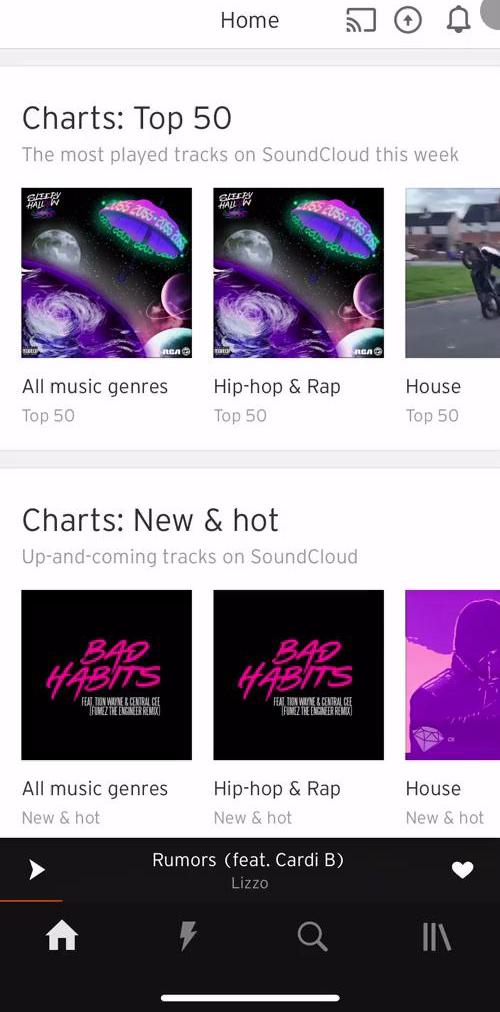 Soundcloud Home screen in the General Browsing flow