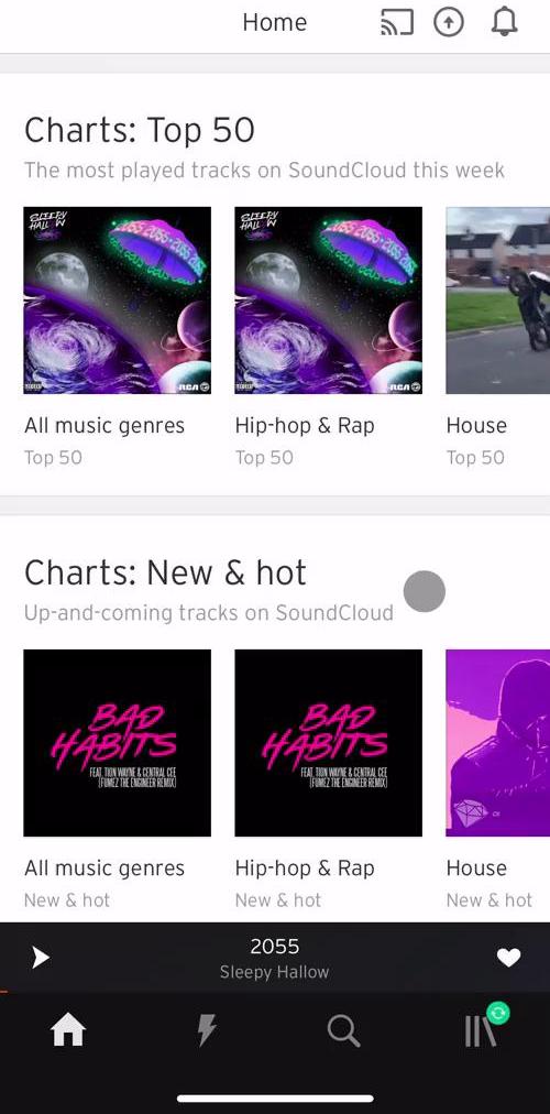 Soundcloud Home screen in the Listening flow