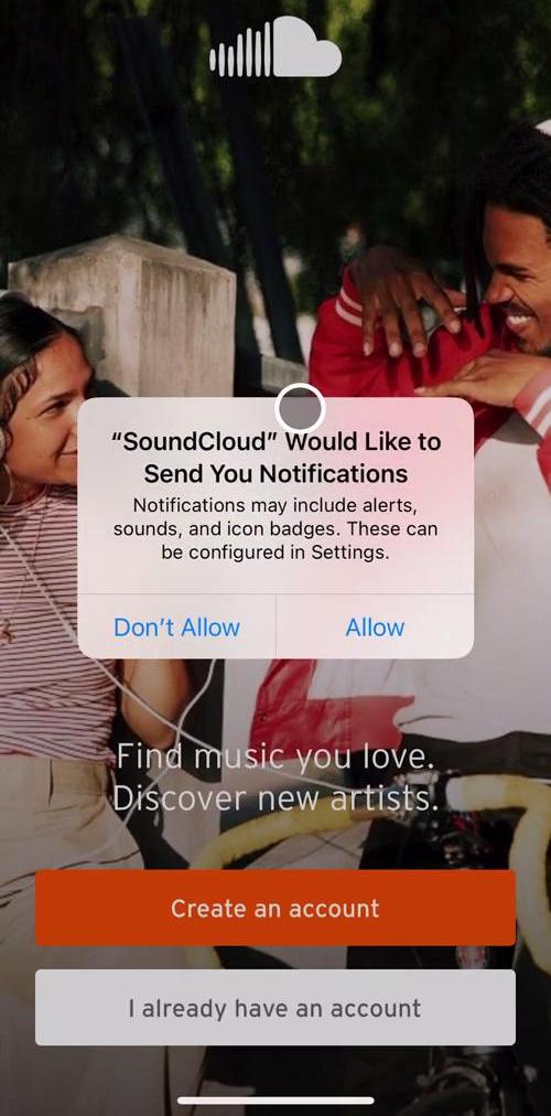 Soundcloud Enable notifications screen in the Onboarding flow