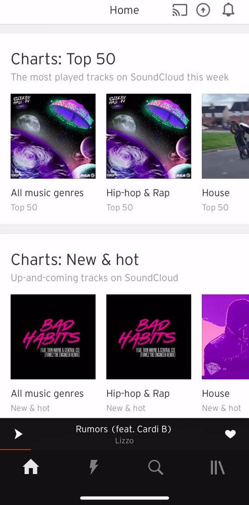 Soundcloud Home screen in the Searching flow