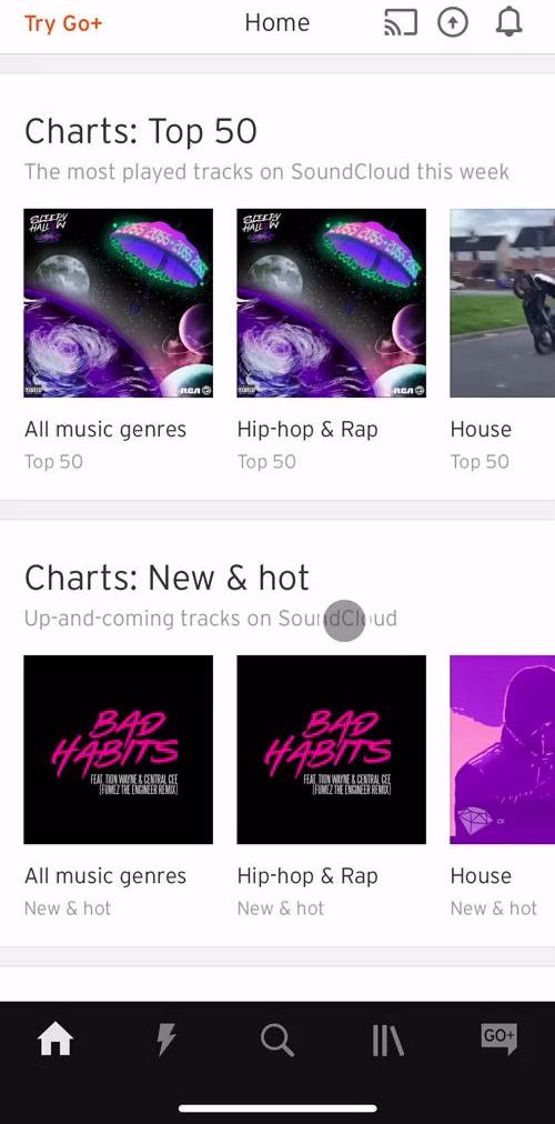 Soundcloud Home screen in the Upgrading Your Account flow