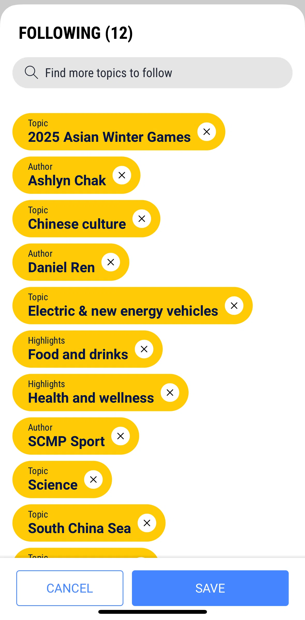 South China Morning Post Screen screen in the Adding more topics to follow flow