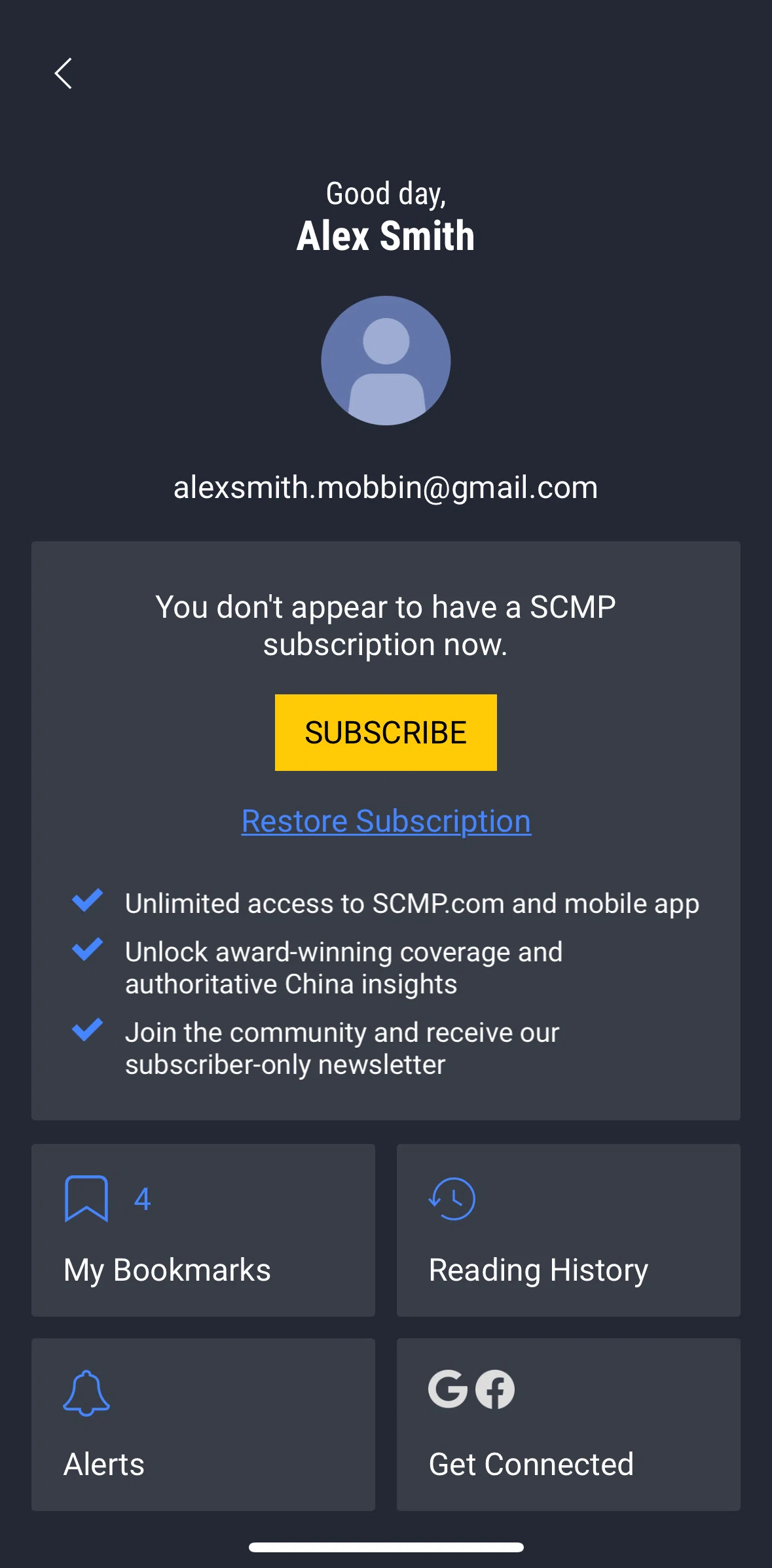 South China Morning Post Screen screen in the Connecting to Google account flow