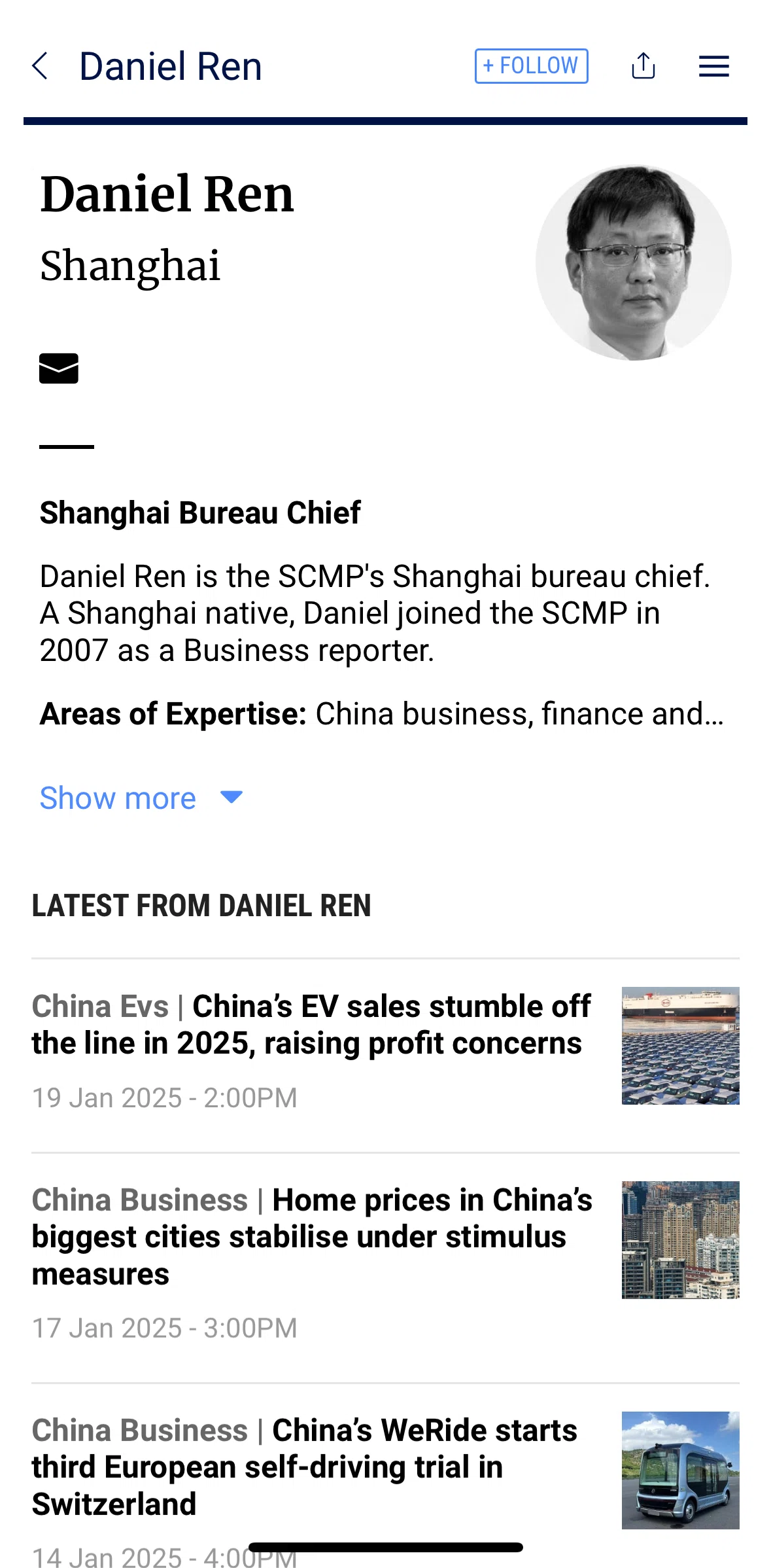 South China Morning Post Screen screen in the Following an author flow