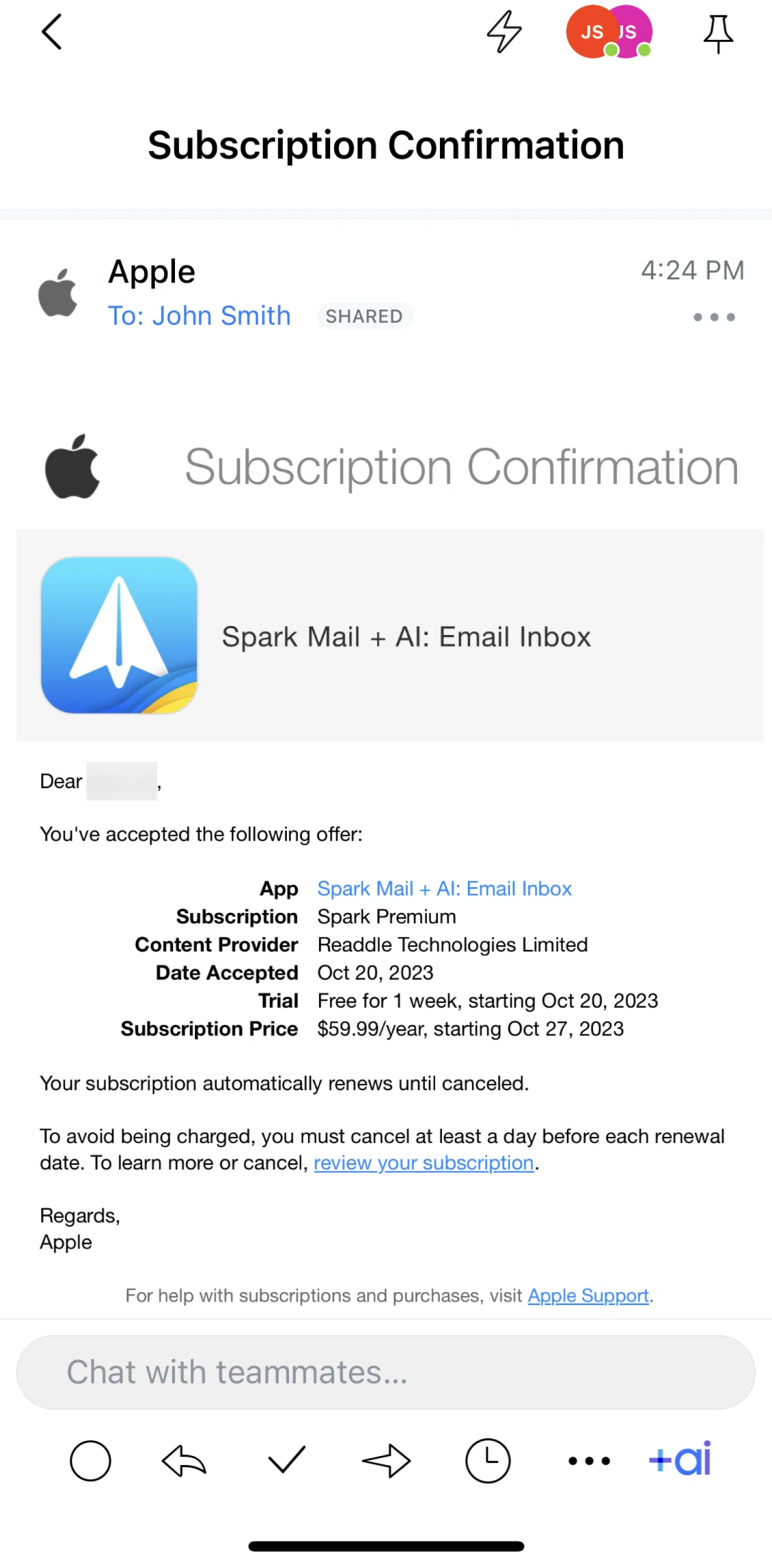Spark Mail Screen screen in the Assigning an email flow