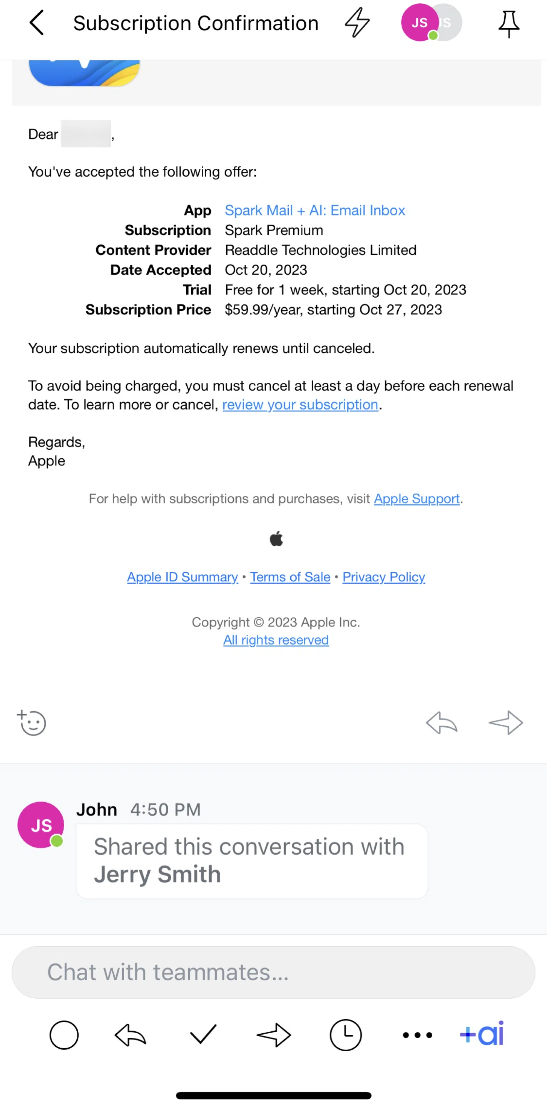 Spark Mail Screen screen in the Chatting with teammates flow
