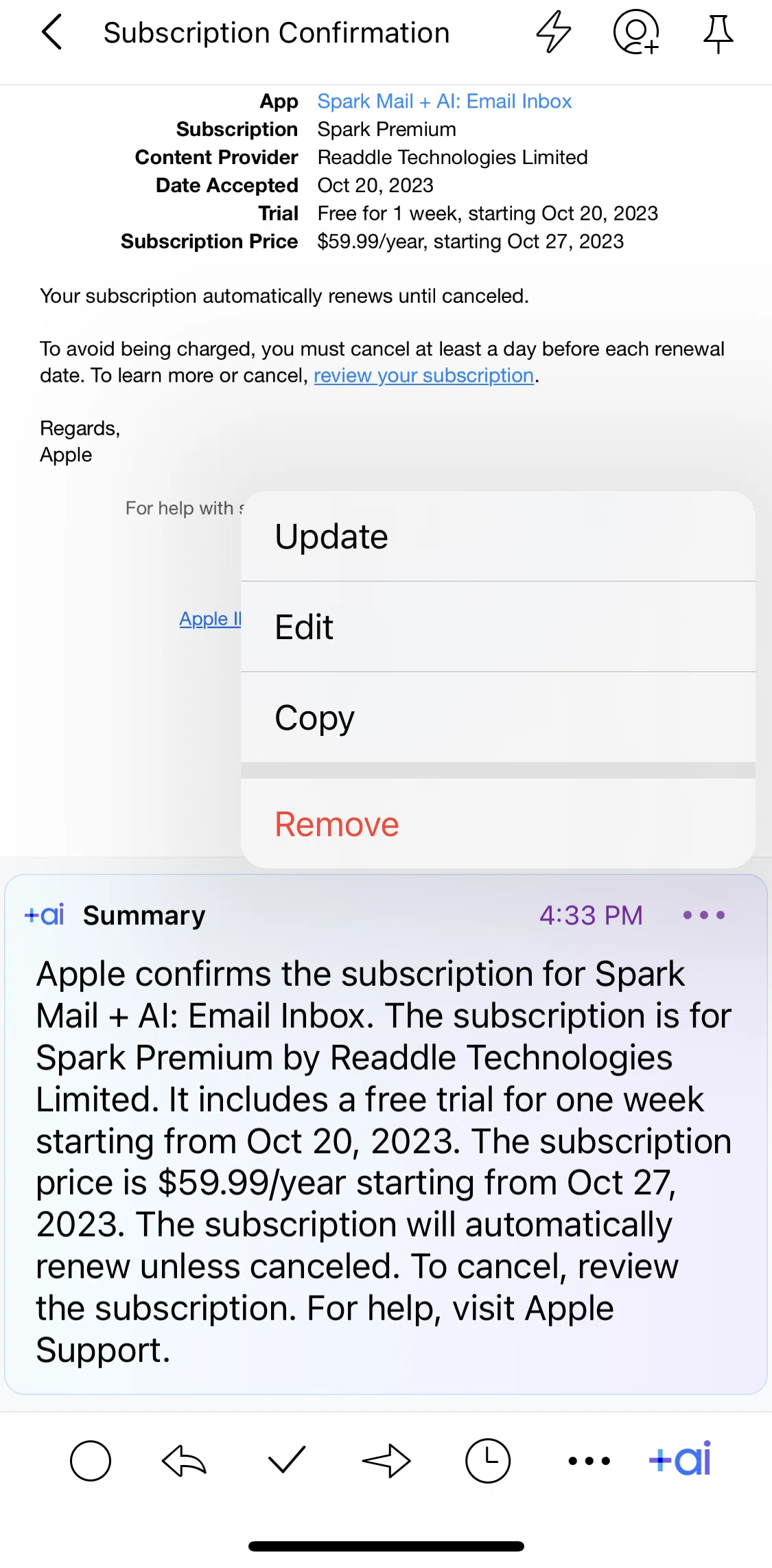Spark Mail Screen screen in the Copying a summary flow