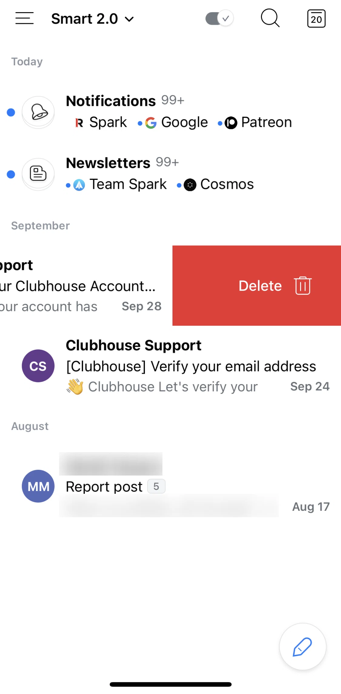 Spark Mail Screen screen in the Deleting an email flow