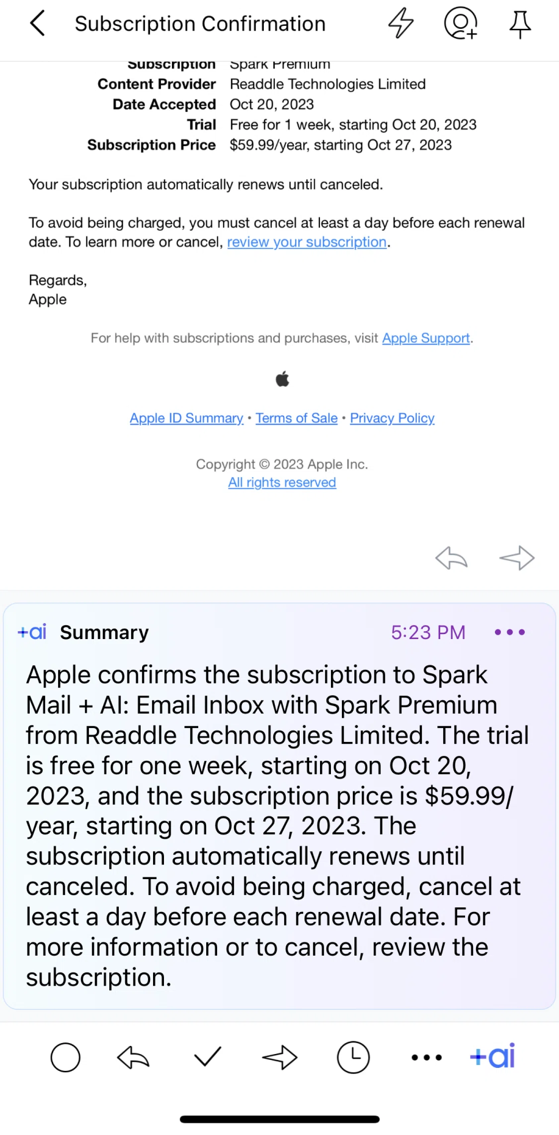 Spark Mail Screen screen in the Editing a summary flow