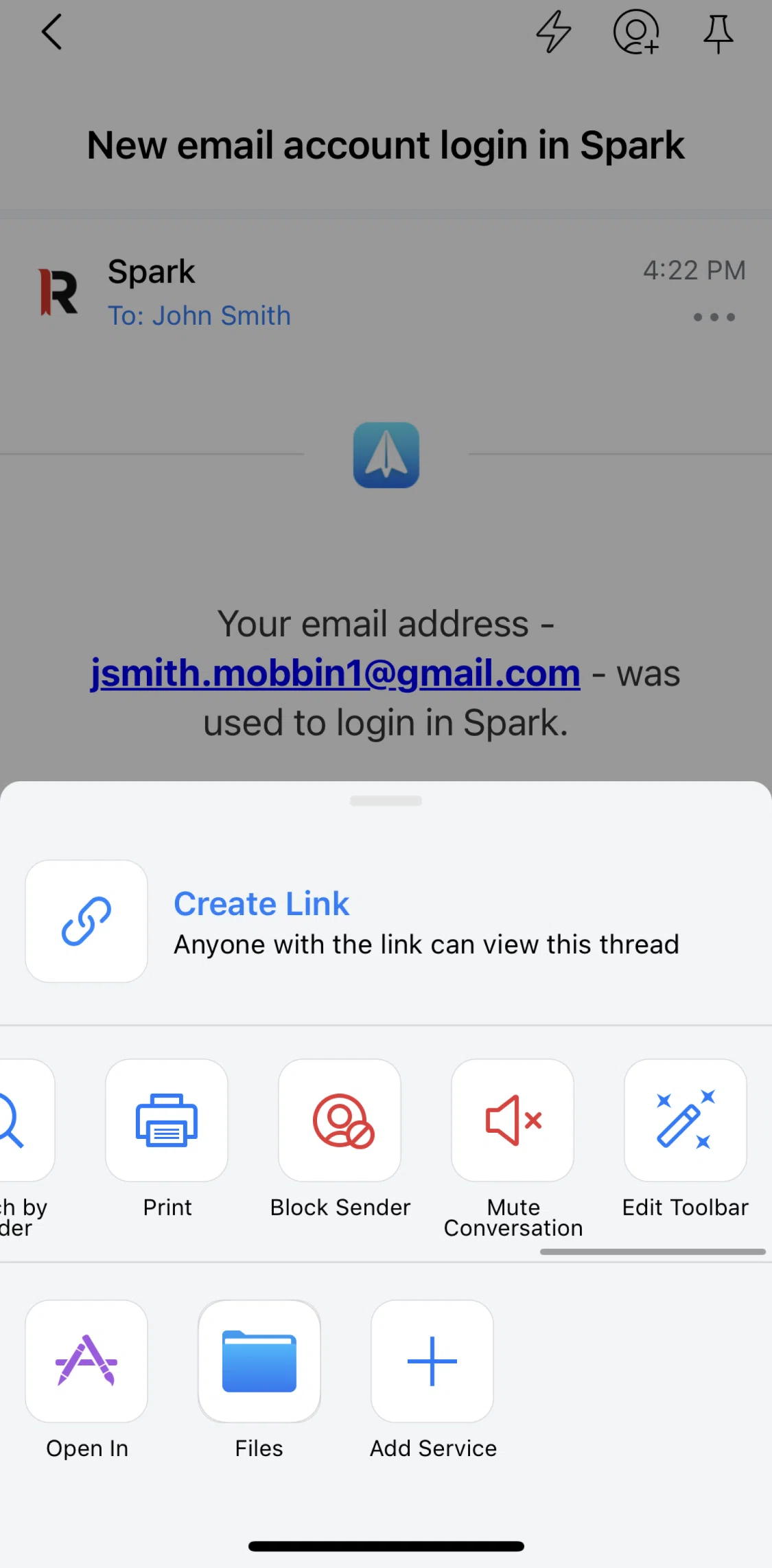 Spark Mail Screen screen in the Editing a toolbar flow