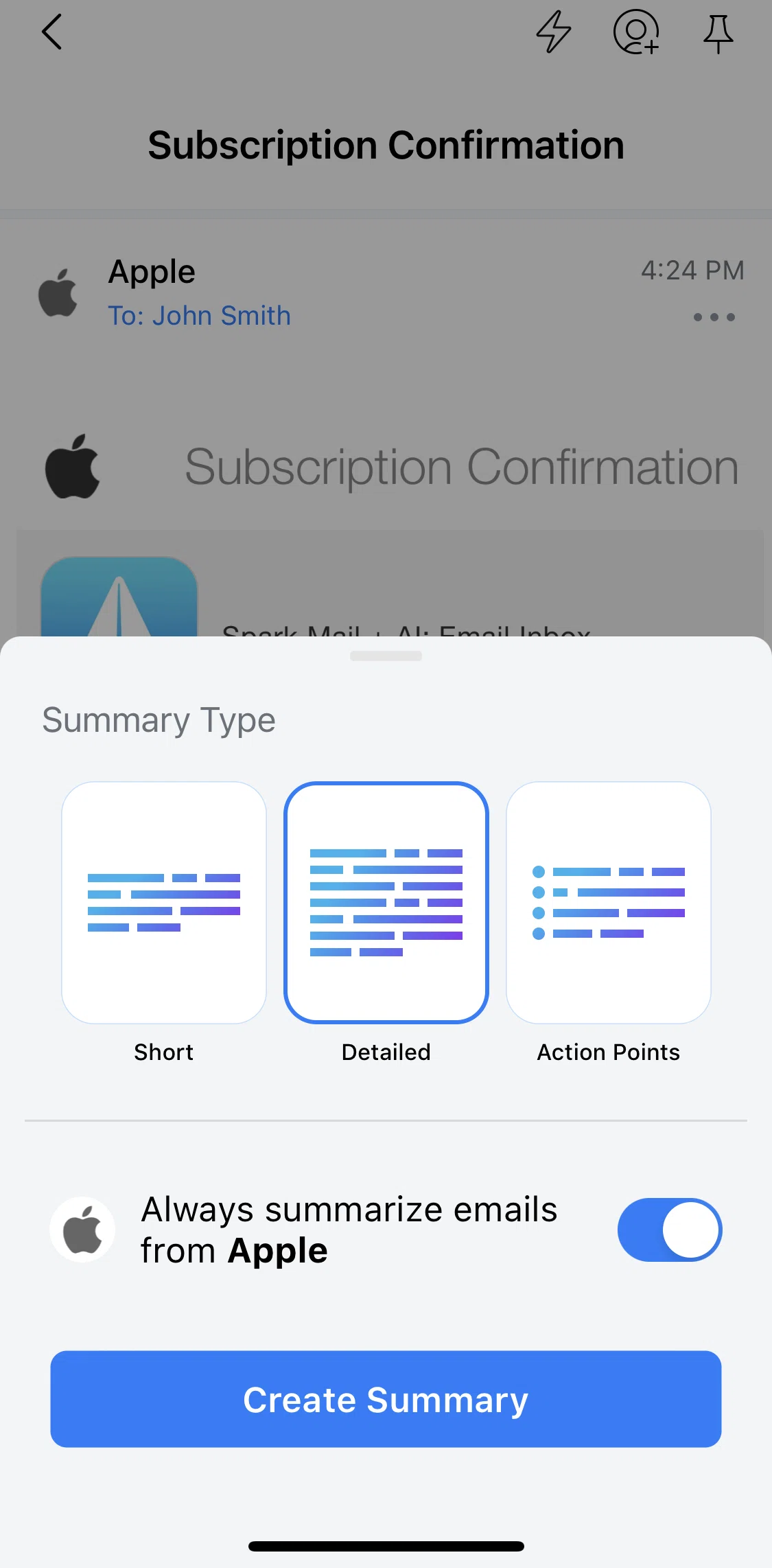 Spark Mail Screen screen in the Generating an Action Point summary flow