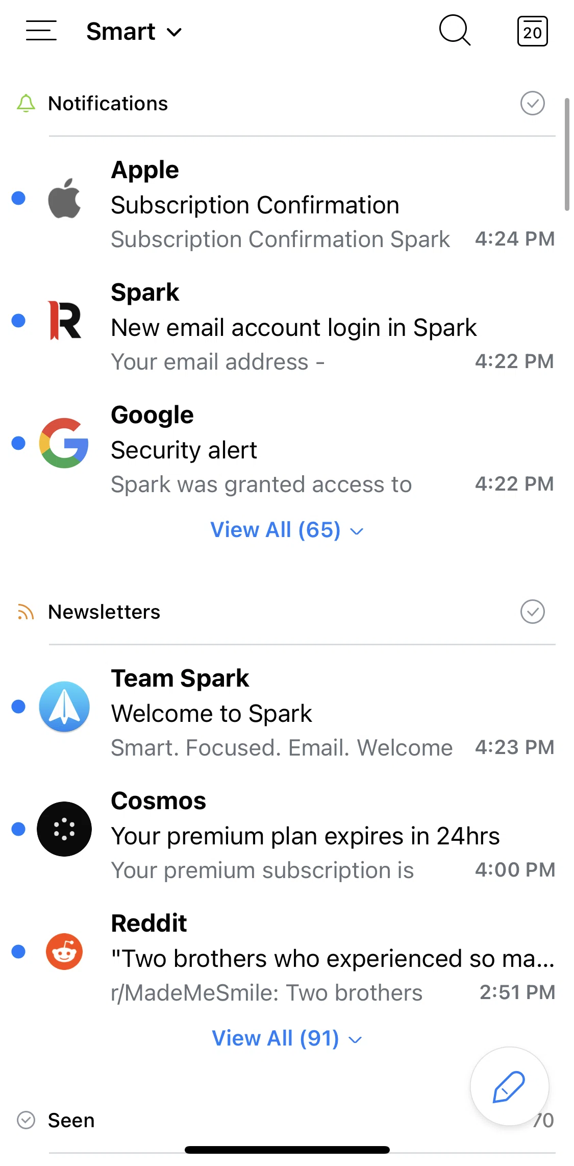 Spark Mail Screen screen in the Home (Smart) flow
