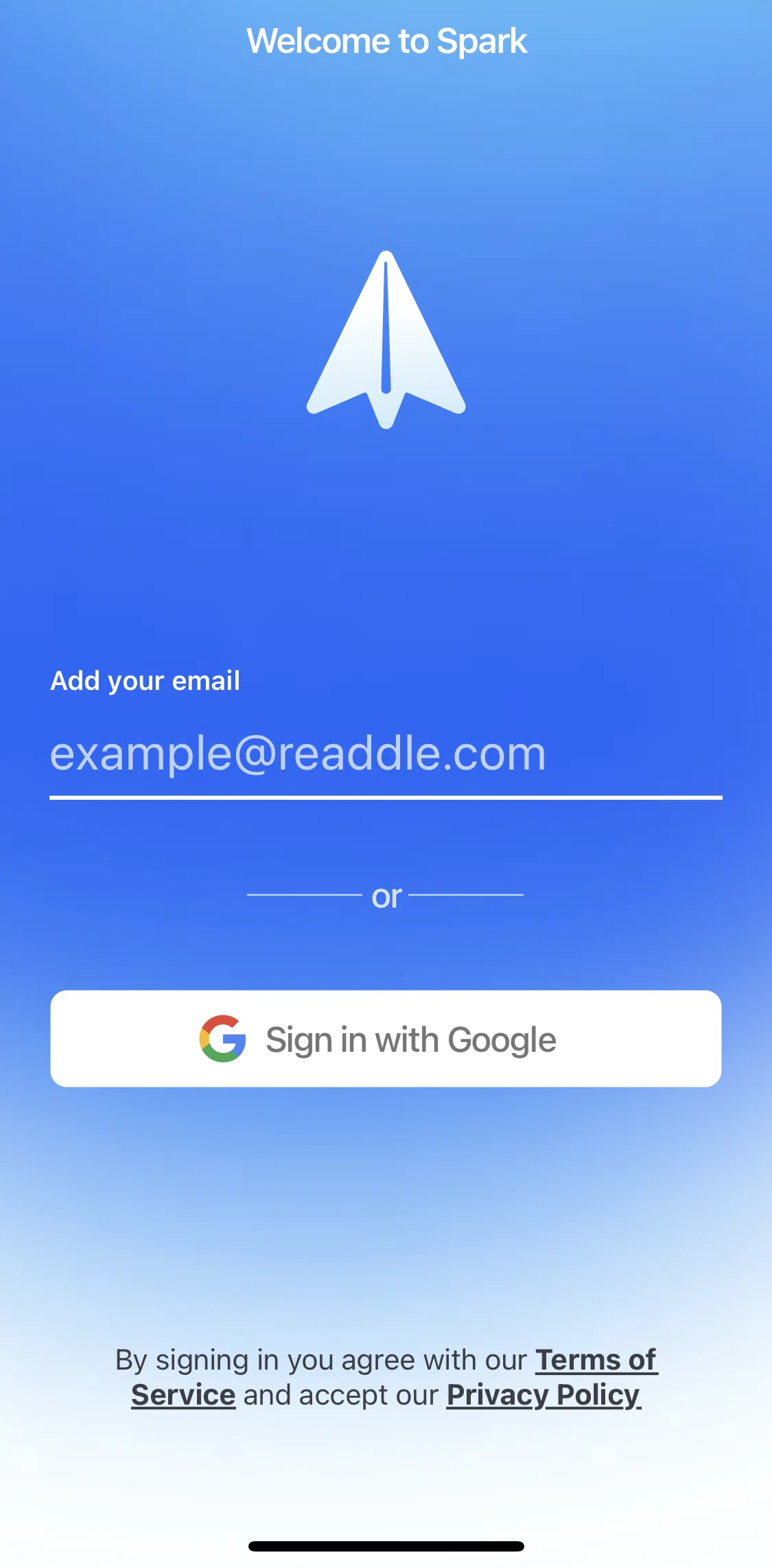 Spark Mail Screen screen in the Logging in flow