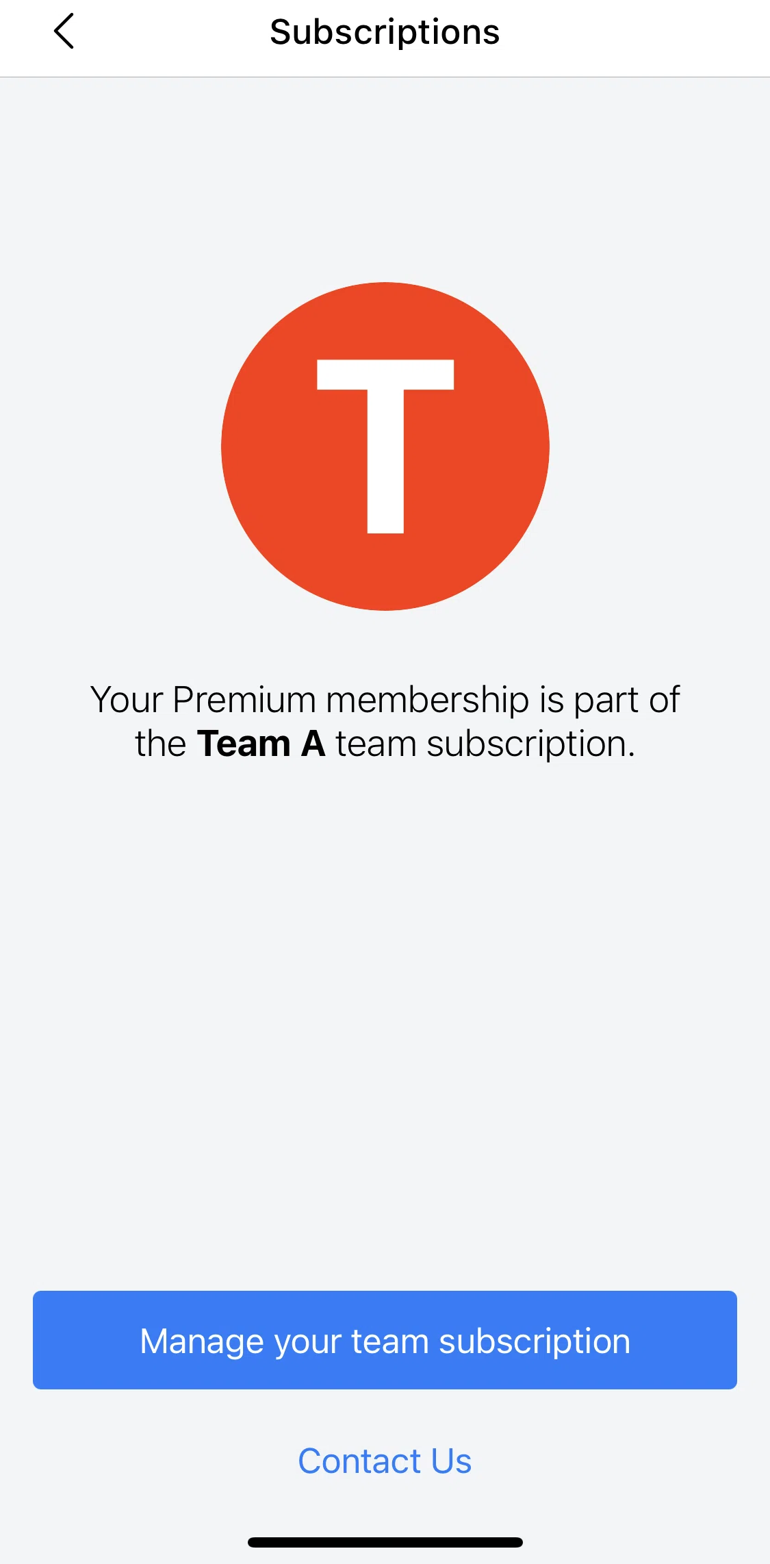 Spark Mail Screen screen in the Manage team subscription flow