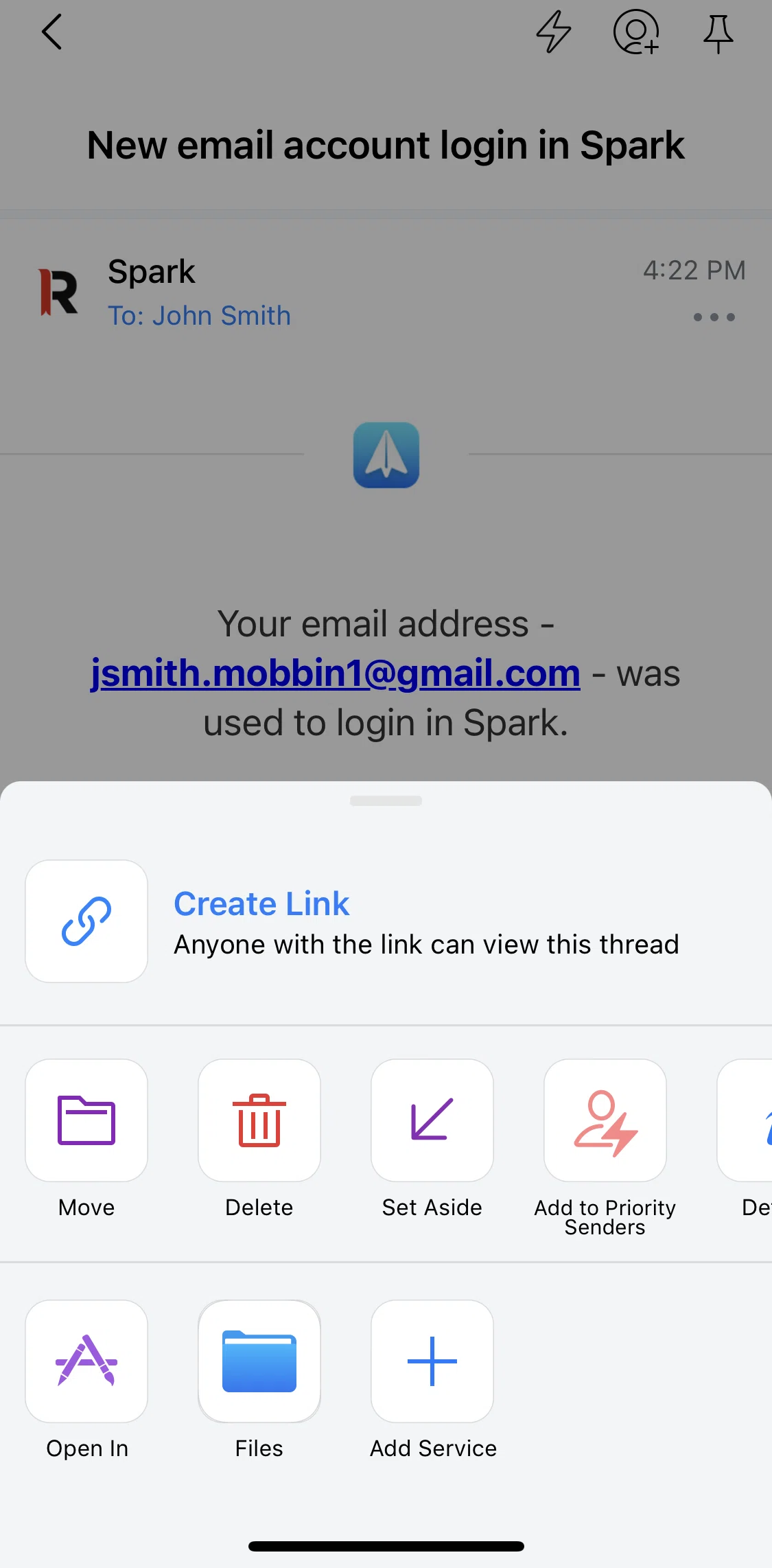 Spark Mail Screen screen in the Moving an email flow