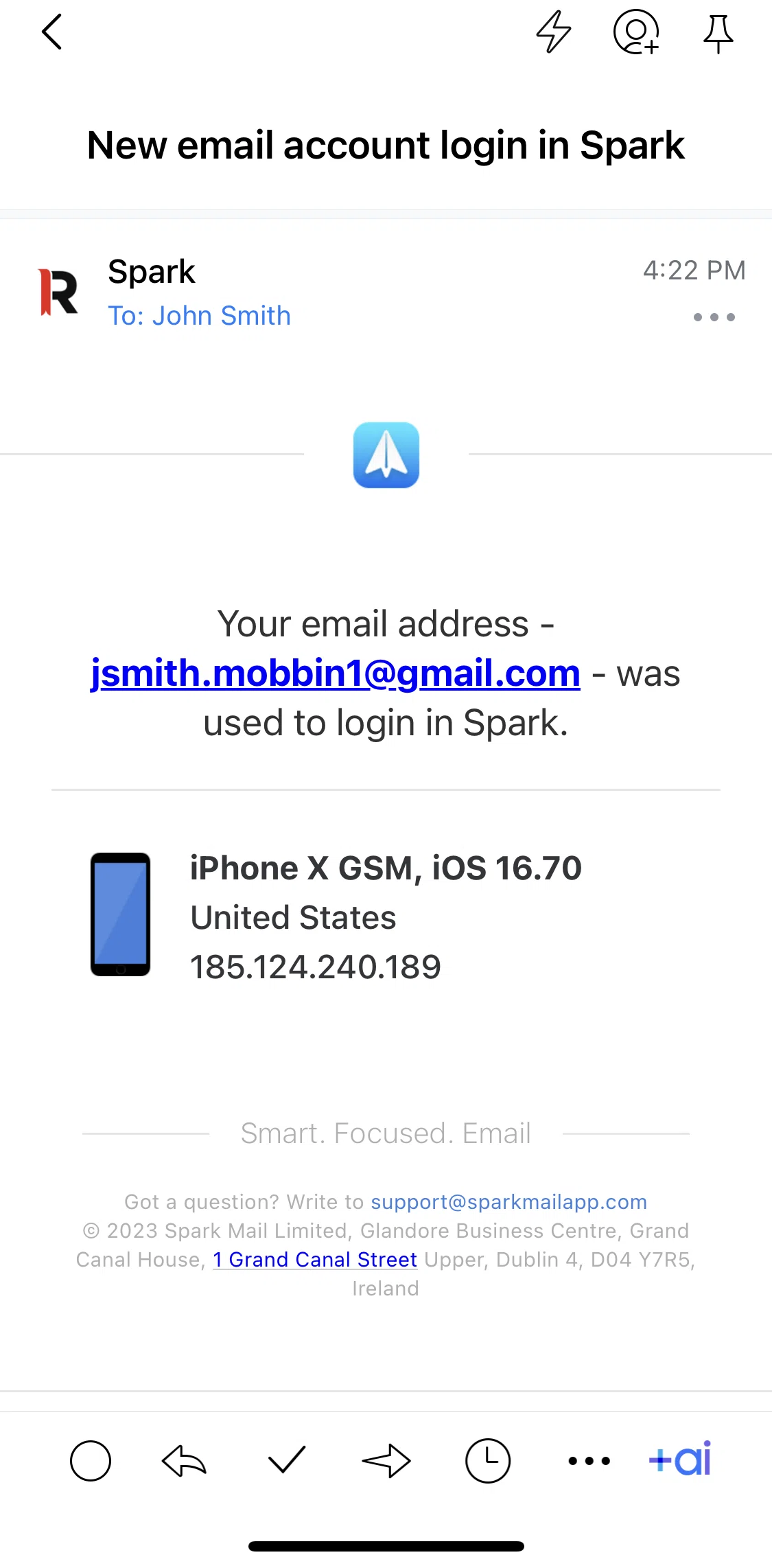 Spark Mail Screen screen in the Replying an email with +ai flow