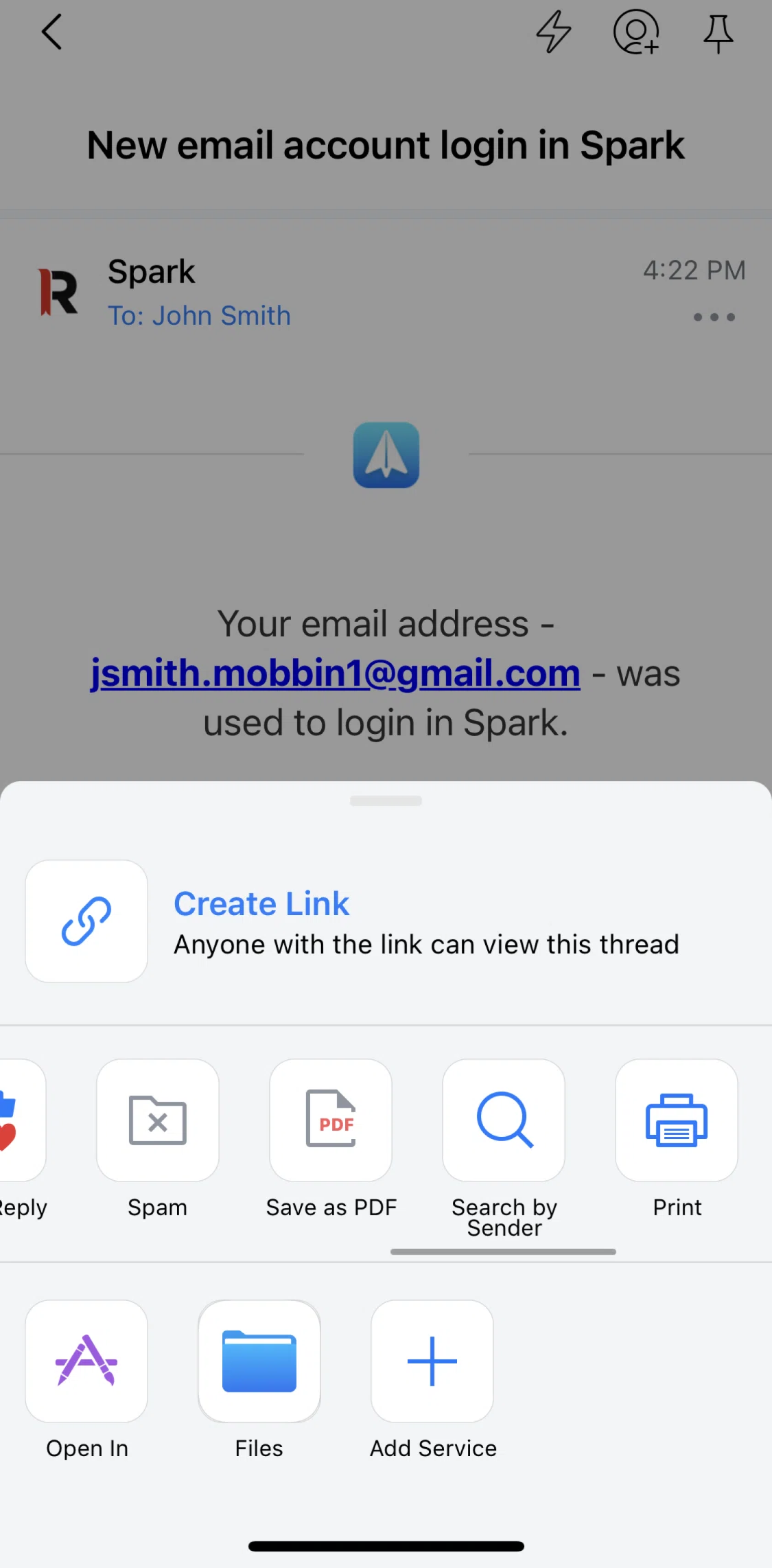 Spark Mail Screen screen in the Saving an email as PDF flow