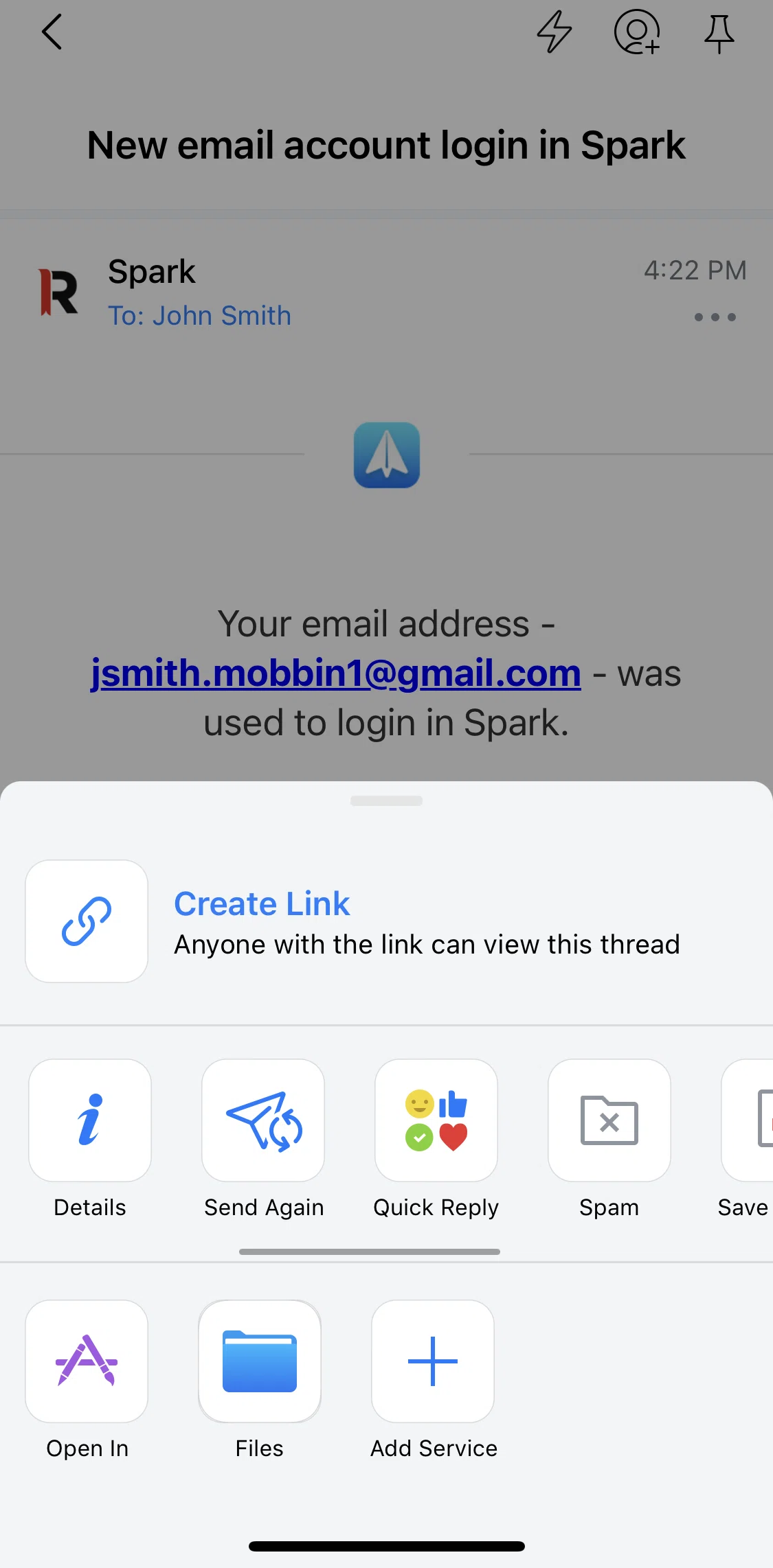 Spark Mail Screen screen in the Sending a quick reply flow