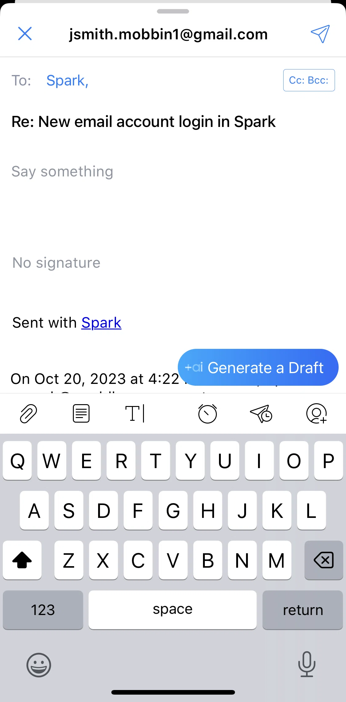 Spark Mail Screen screen in the Setting a reminder flow