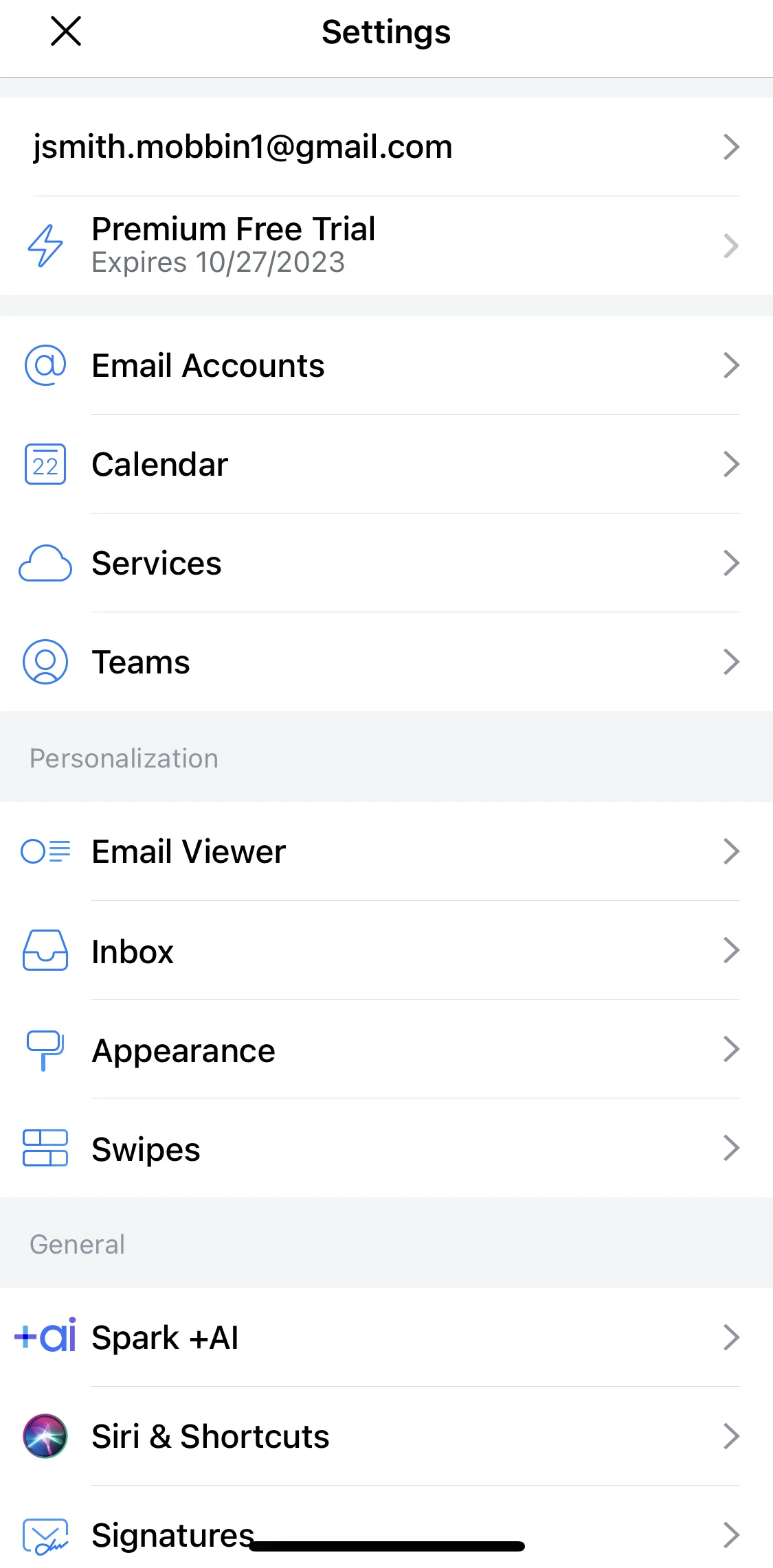 Spark Mail Screen screen in the Setting up a shared email account flow