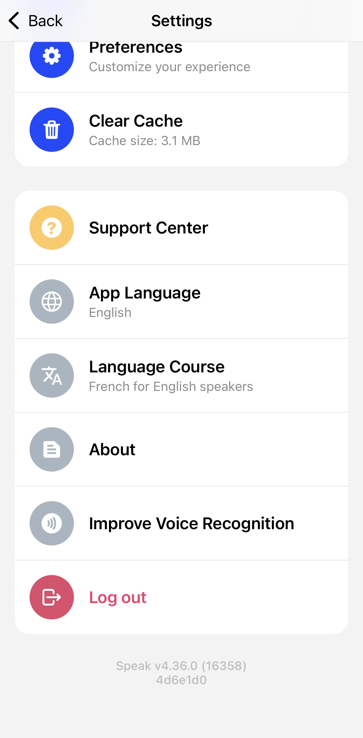 Speak Screen screen in the Changing app language flow