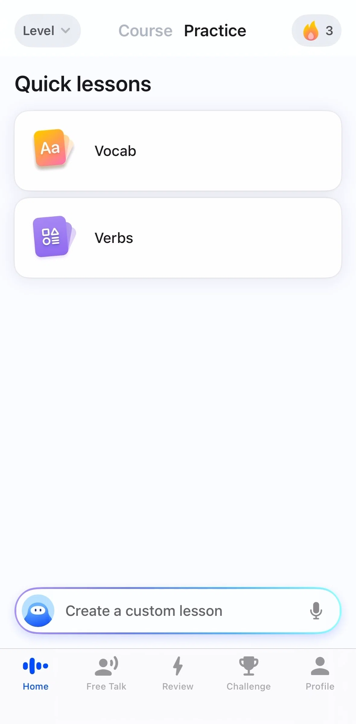 Speak Screen screen in the Completing verb lesson flow