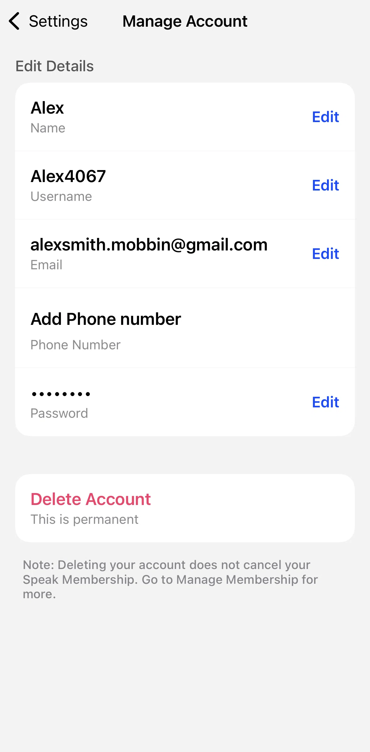 Speak Screen screen in the Deleting an account flow