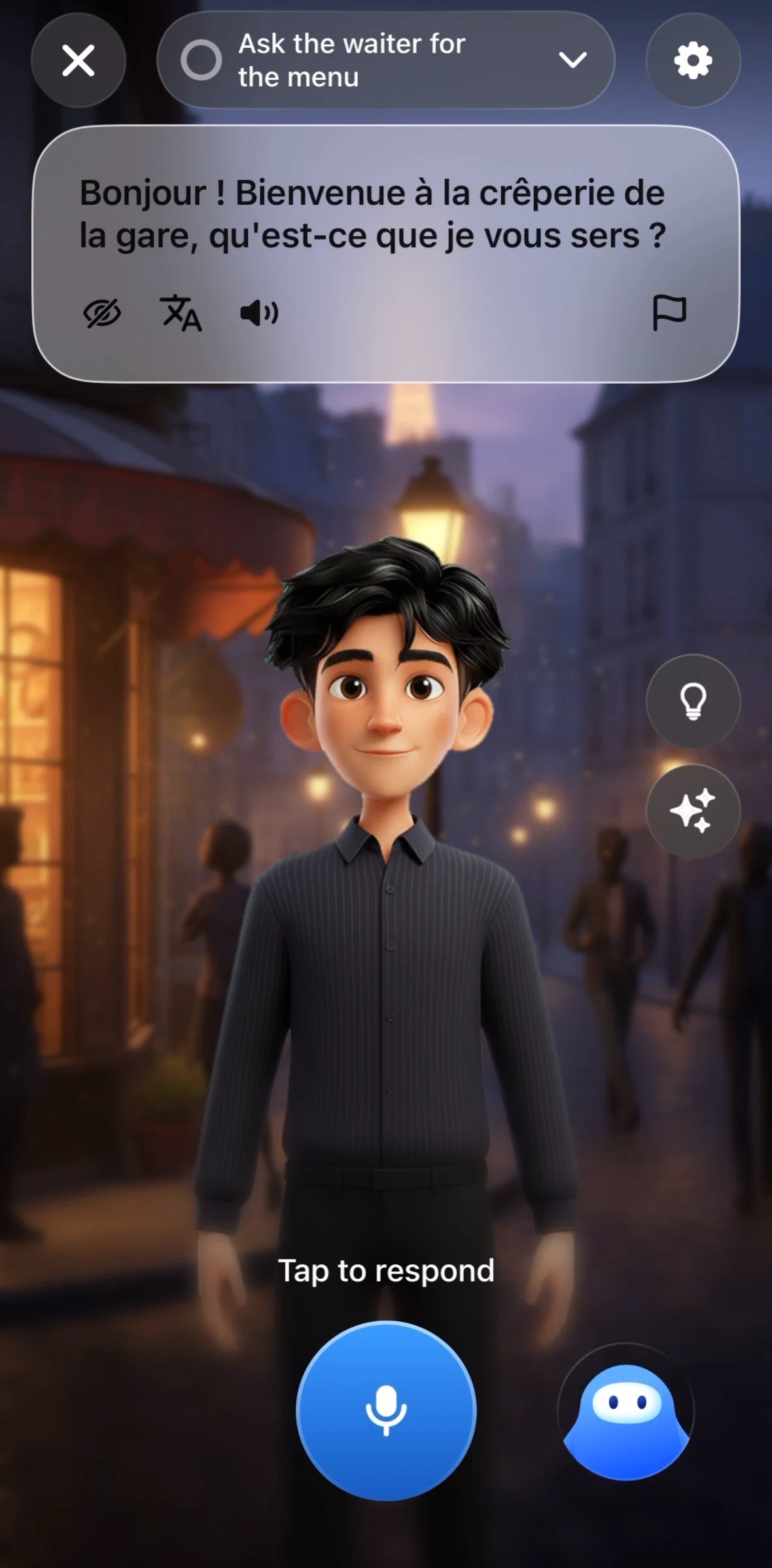 Speak Screen screen in the Hiding text (roleplay) flow
