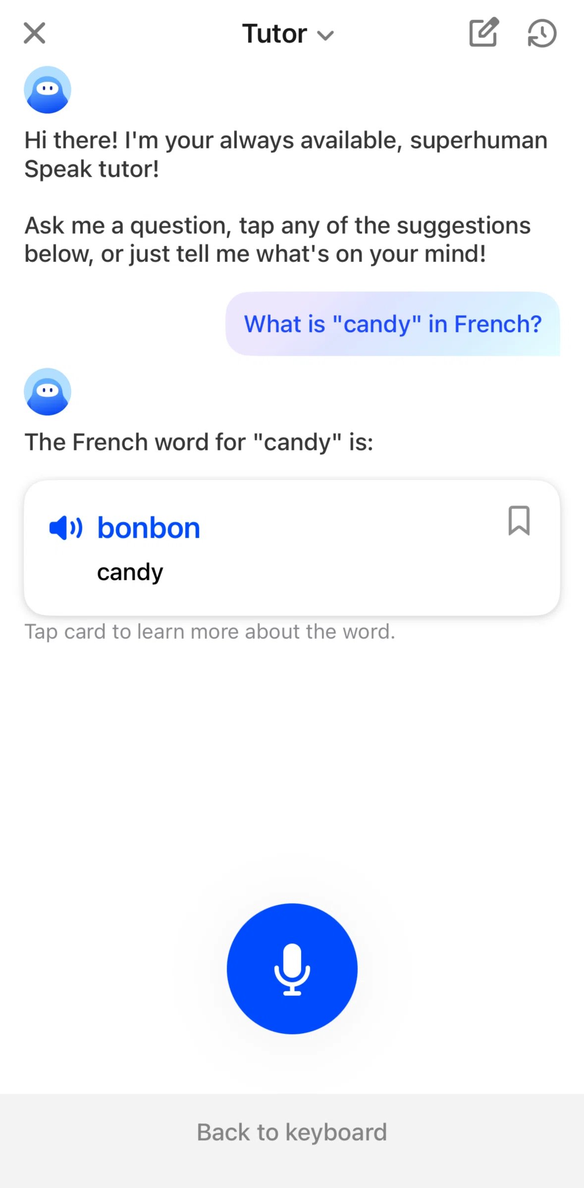 Speak Screen screen in the Saving a word flow