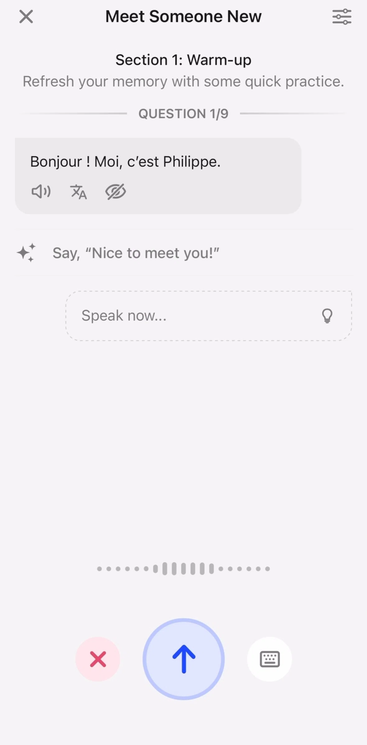 Speak Screen screen in the Switching to text (Q&A lesson) flow