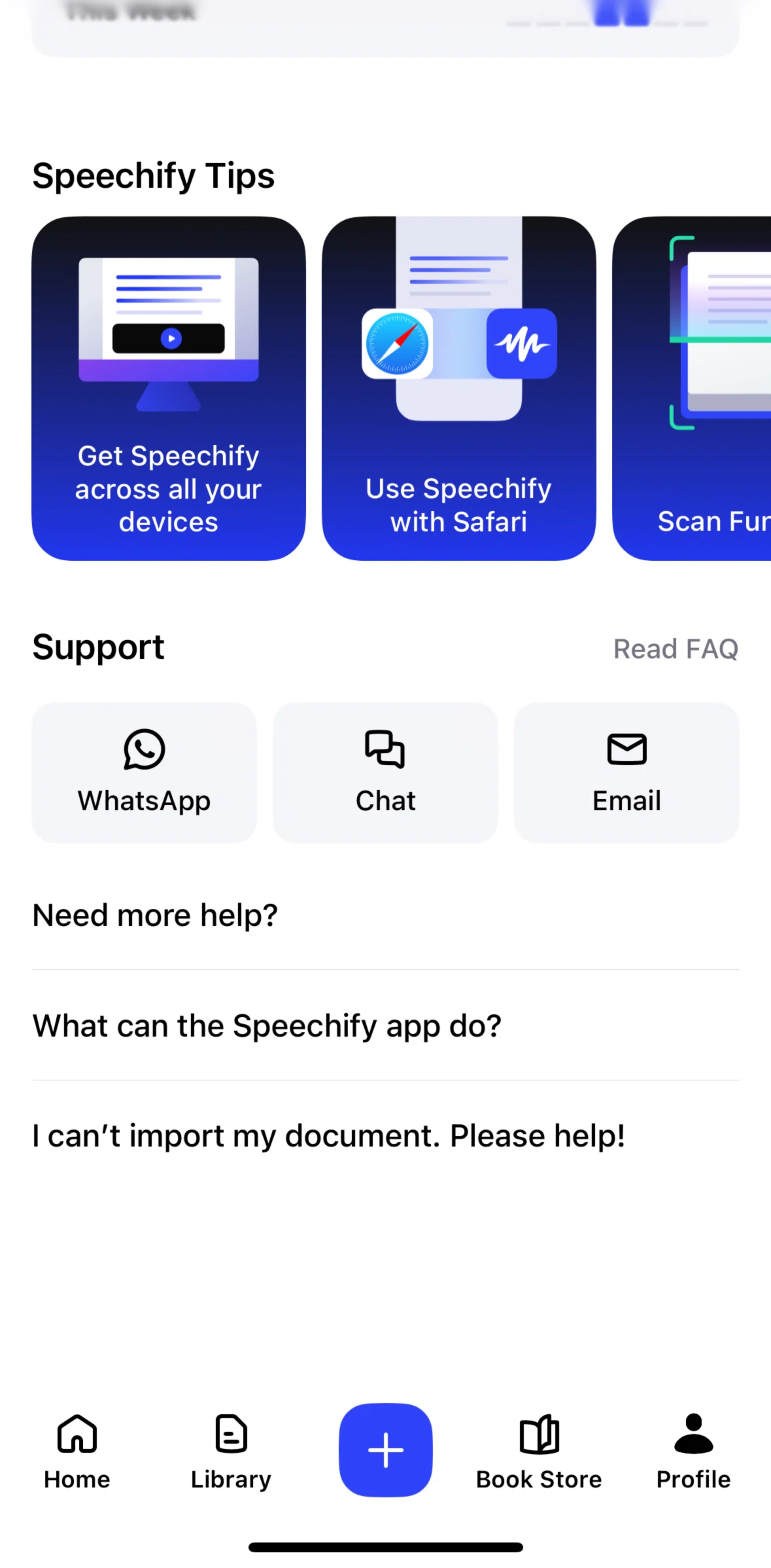 Speechify Screen screen in the Chatting with support flow