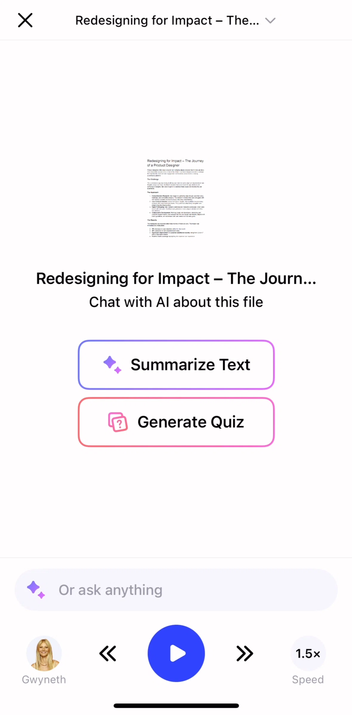 Speechify Screen screen in the Generating a quiz flow