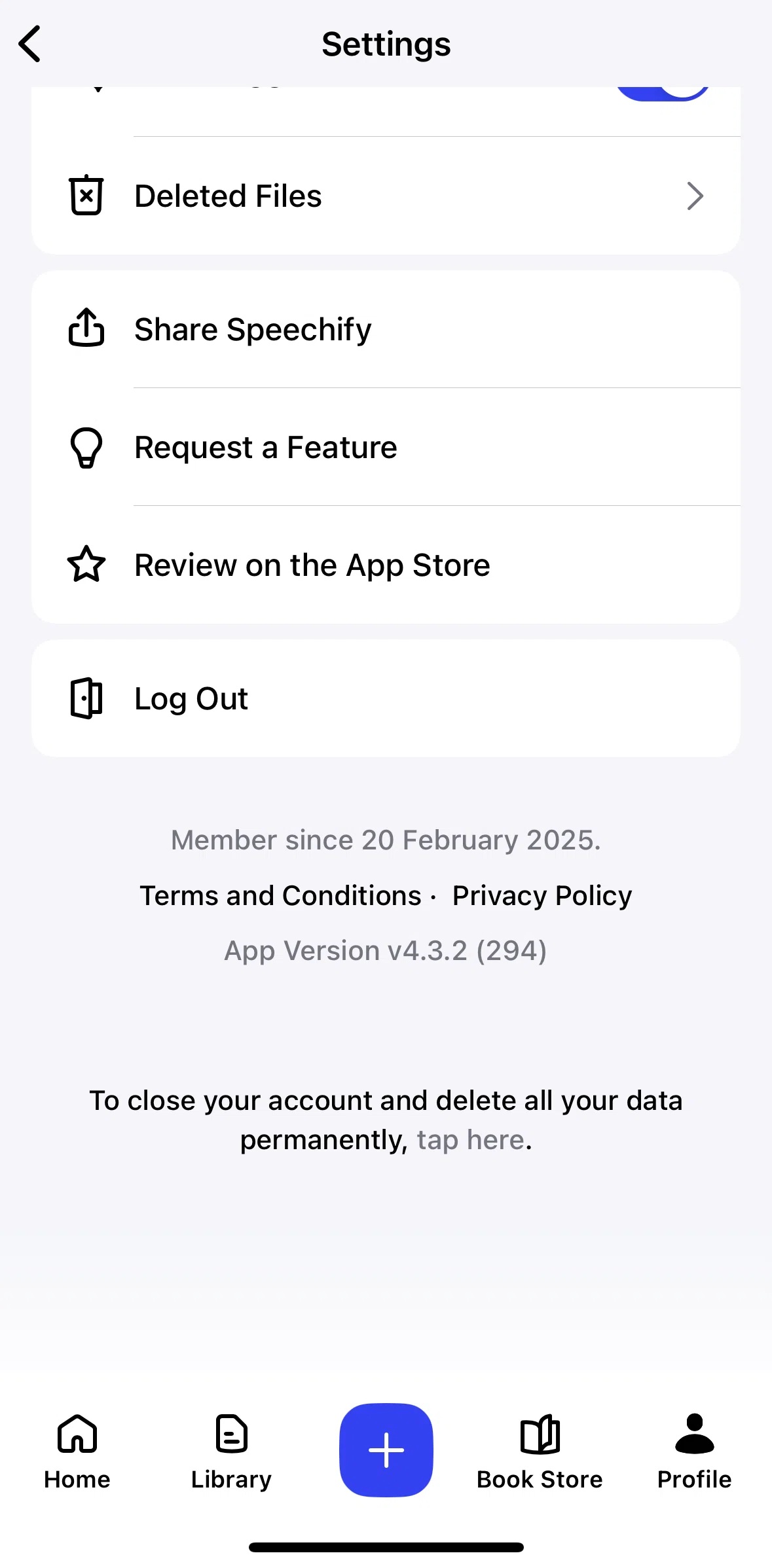 Speechify Screen screen in the Logging out flow