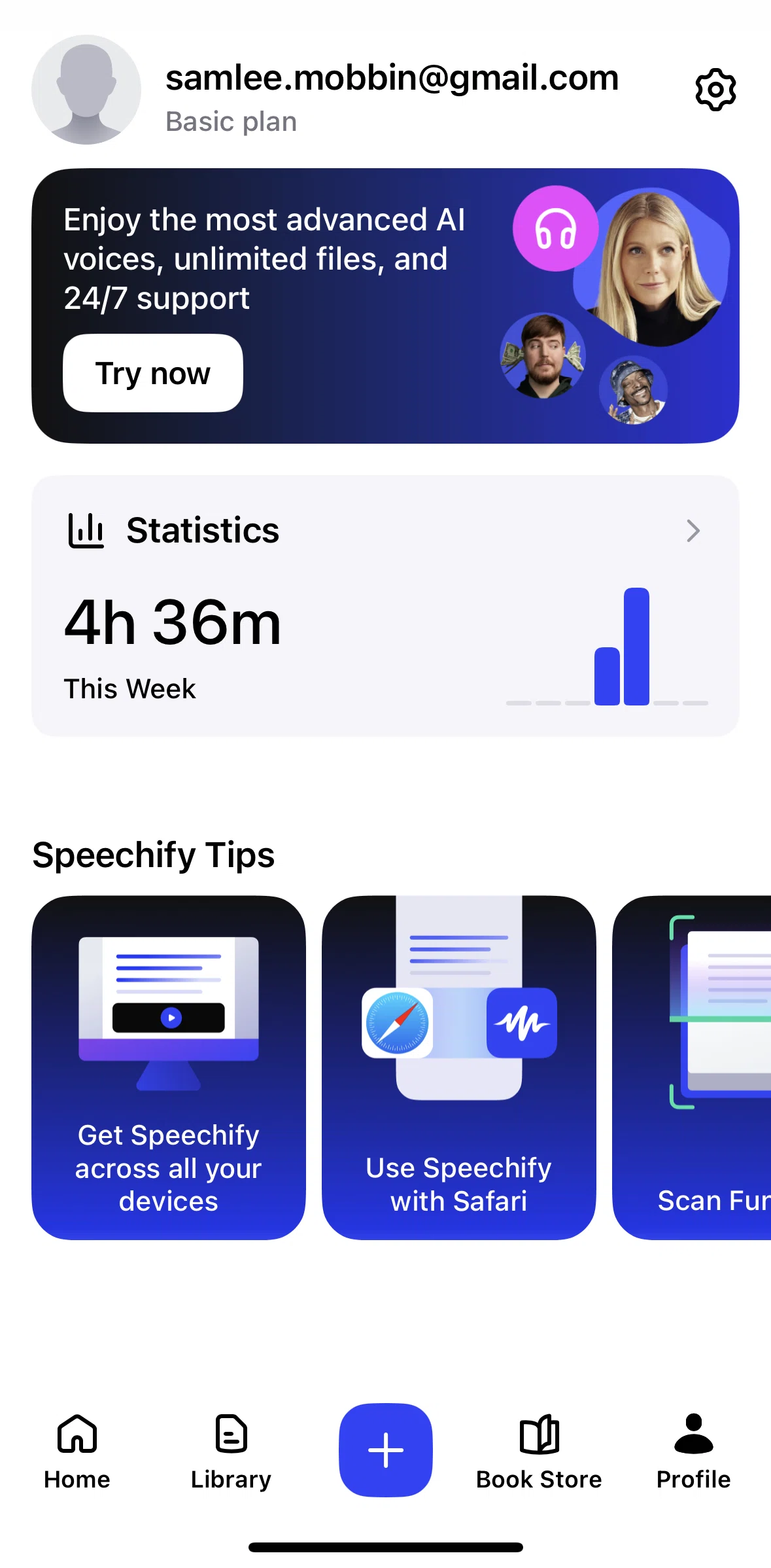 Speechify Screen screen in the Settings flow