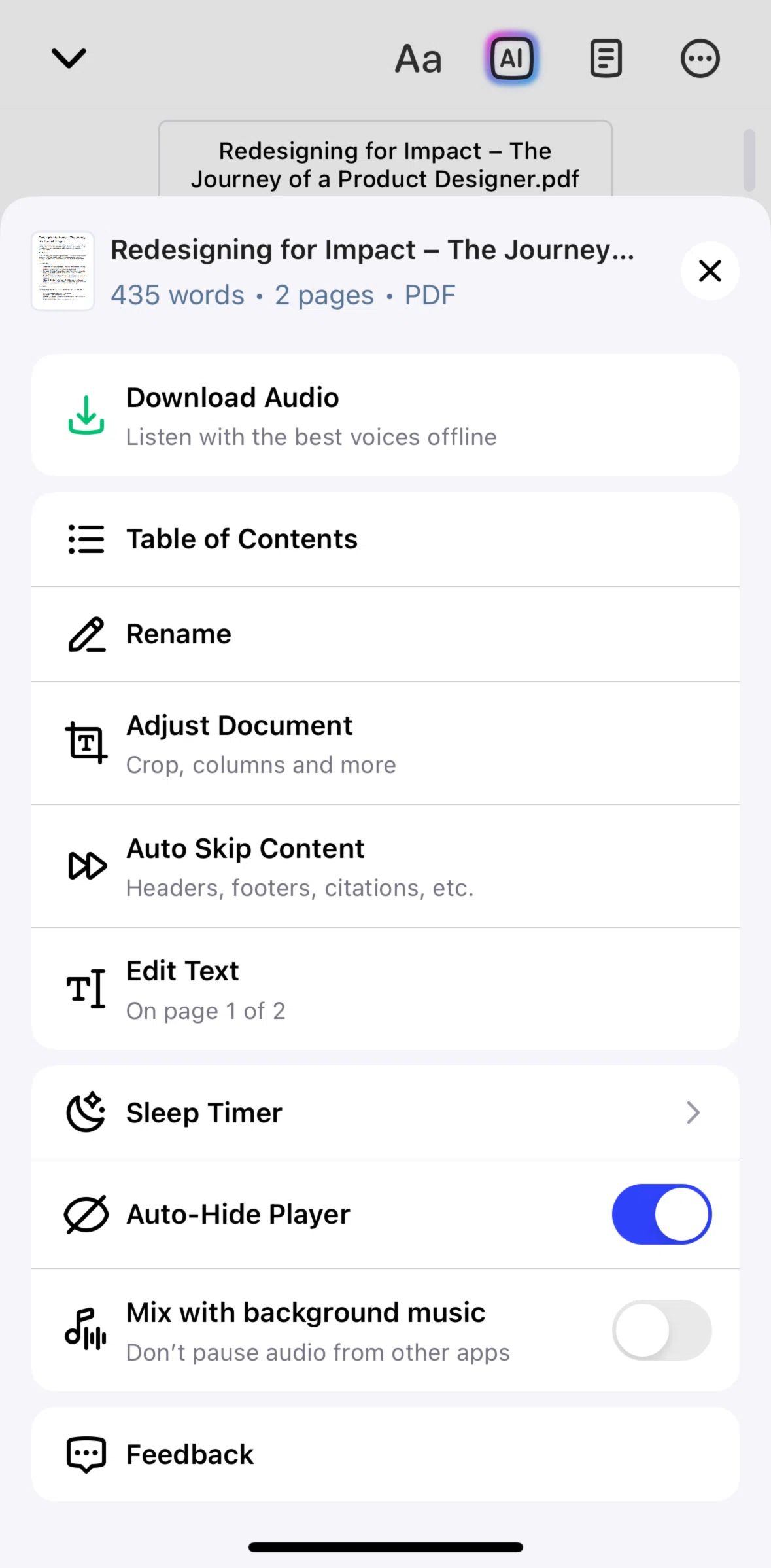 Speechify Screen screen in the Table of contents flow