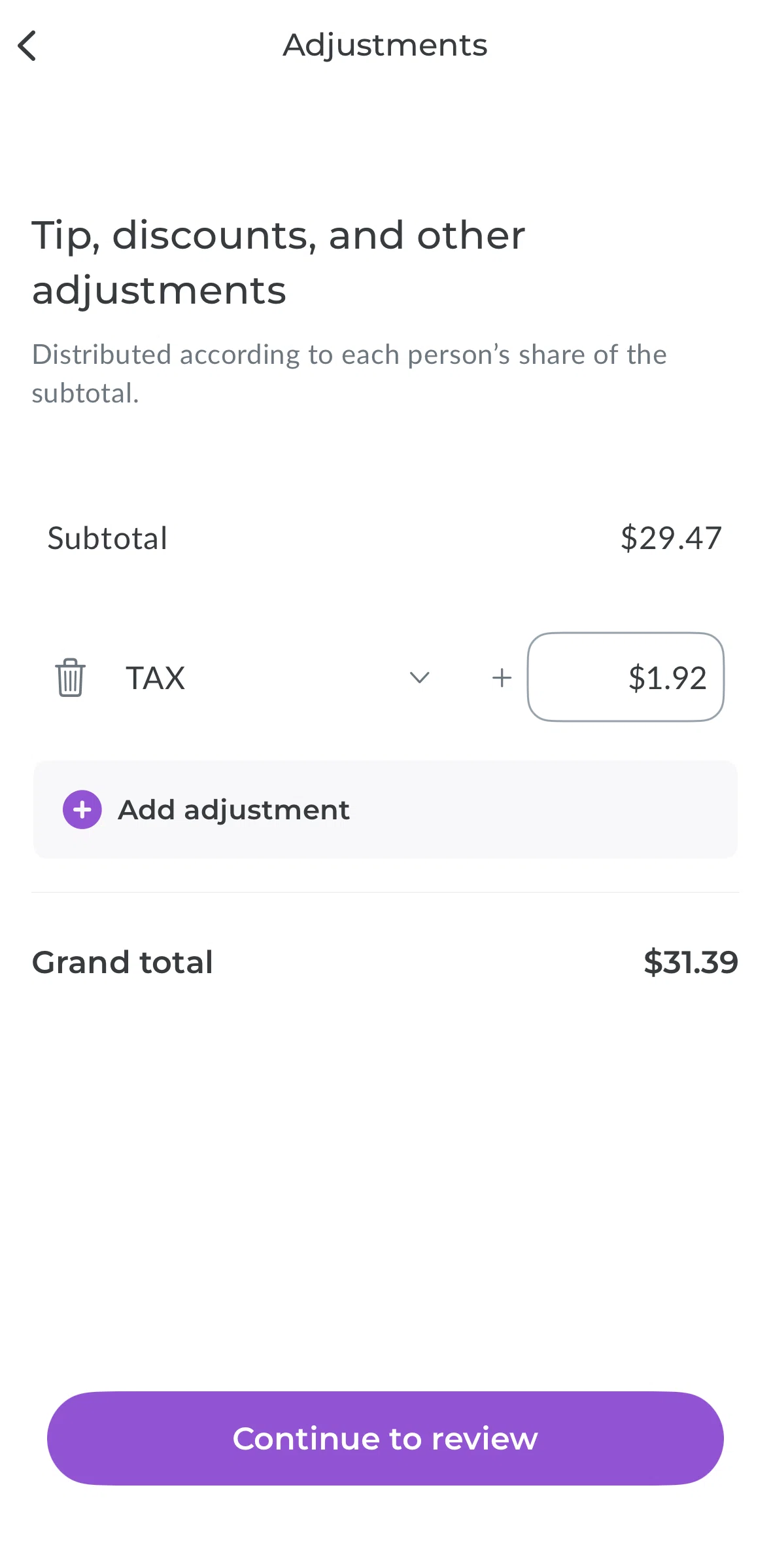Splitwise Screen screen in the Adding an adjustment flow