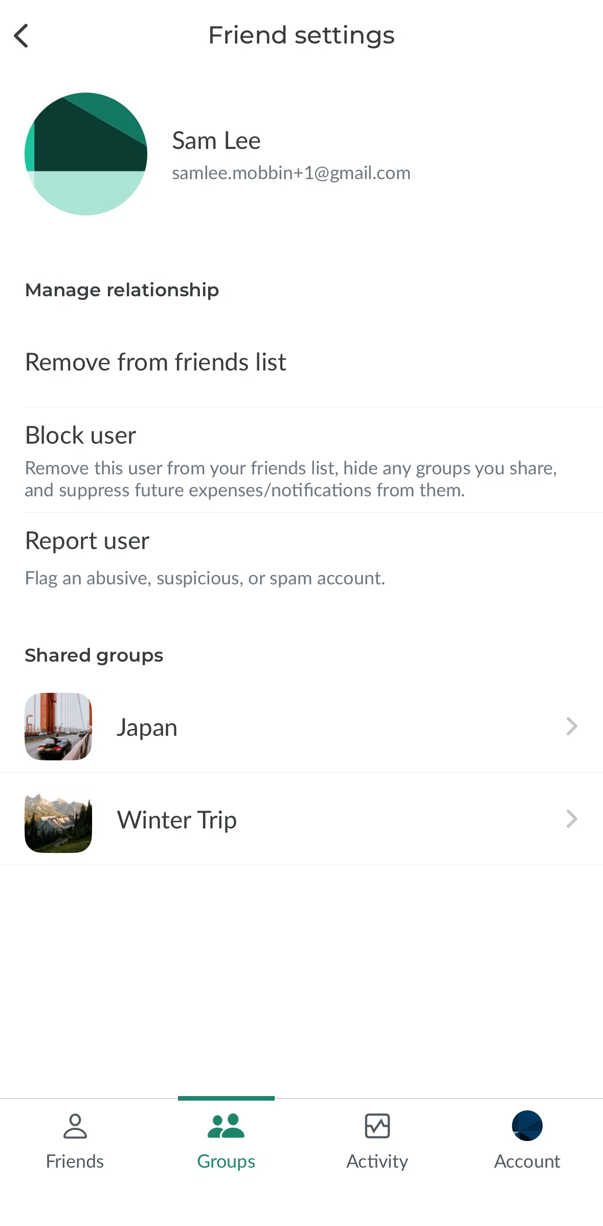 Splitwise Screen screen in the Blocking a user flow