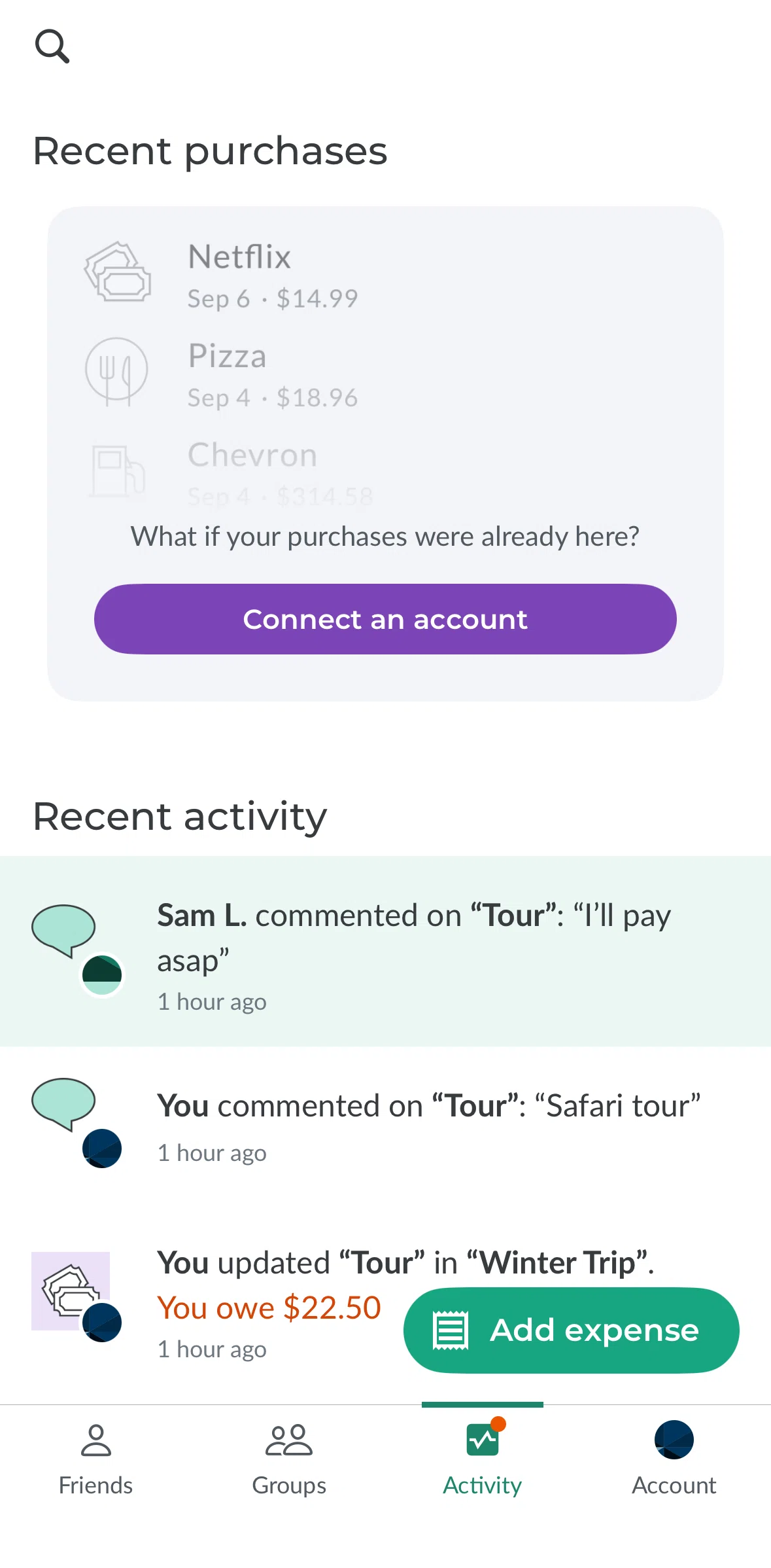 Splitwise Screen screen in the Connect to an account flow