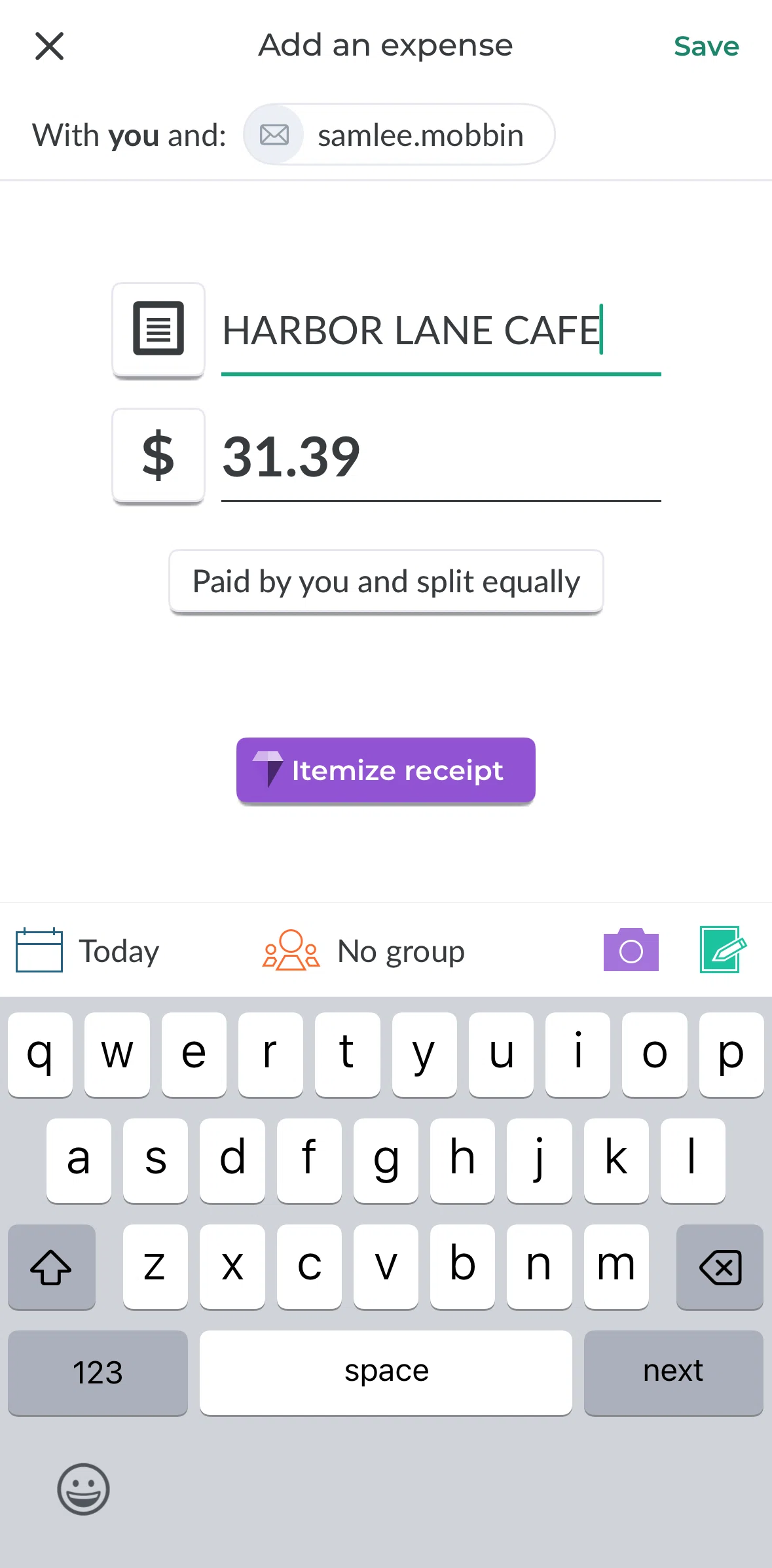 Splitwise Screen screen in the Editing a receipt detail flow