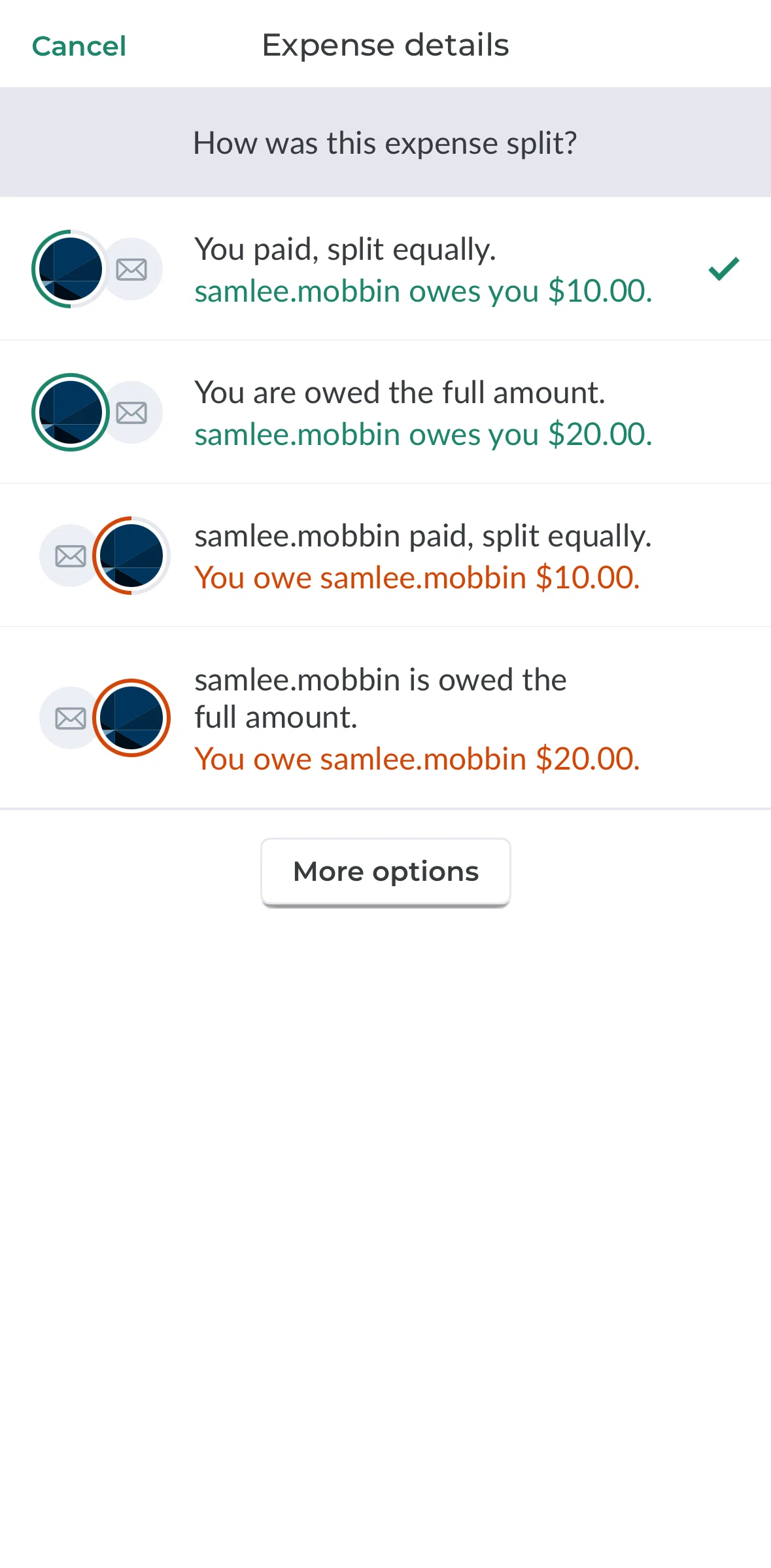 Splitwise Screen screen in the Editing split options flow