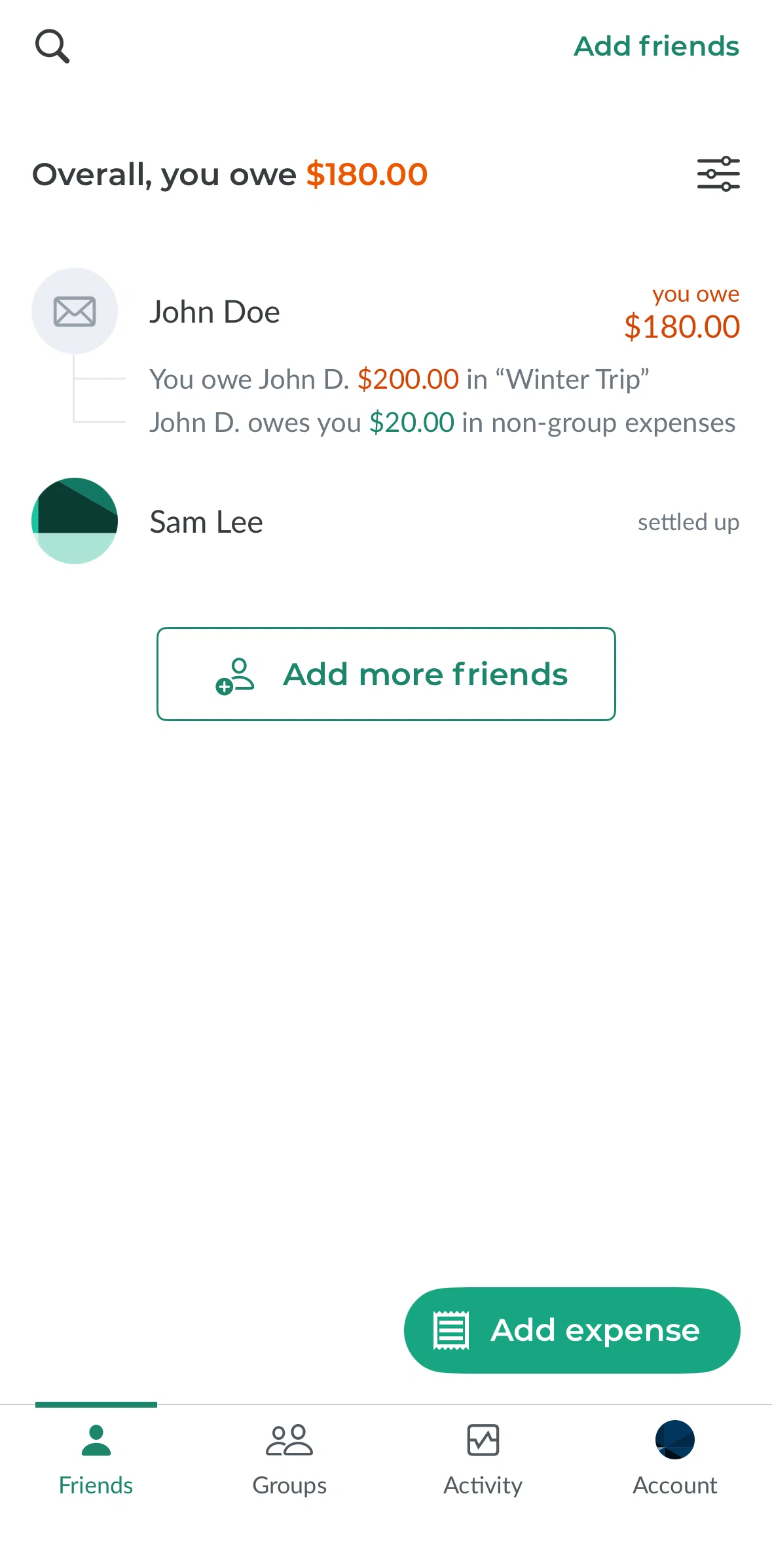 Splitwise Screen screen in the Filtering friends flow