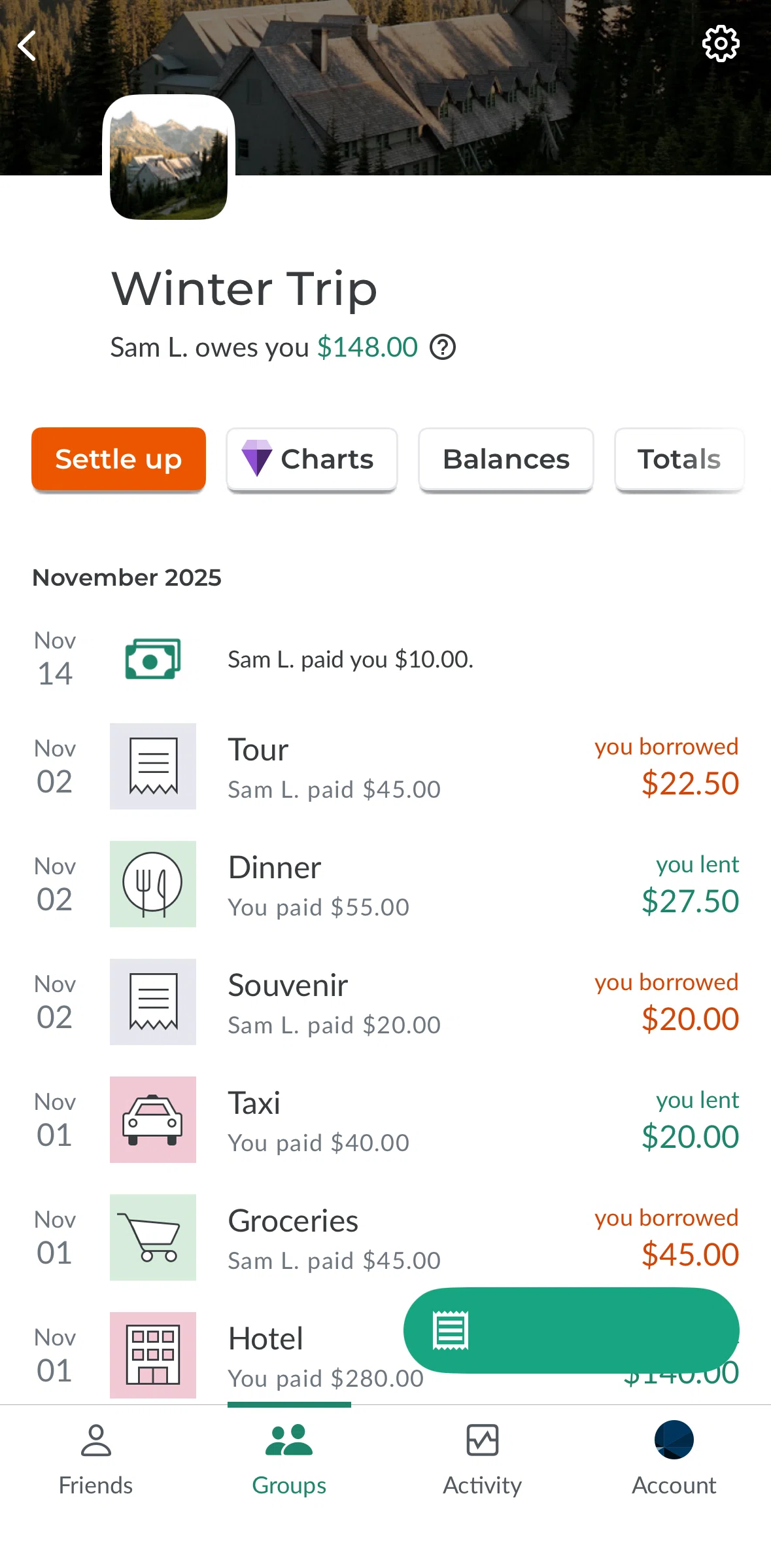 Splitwise Screen screen in the Group balances flow