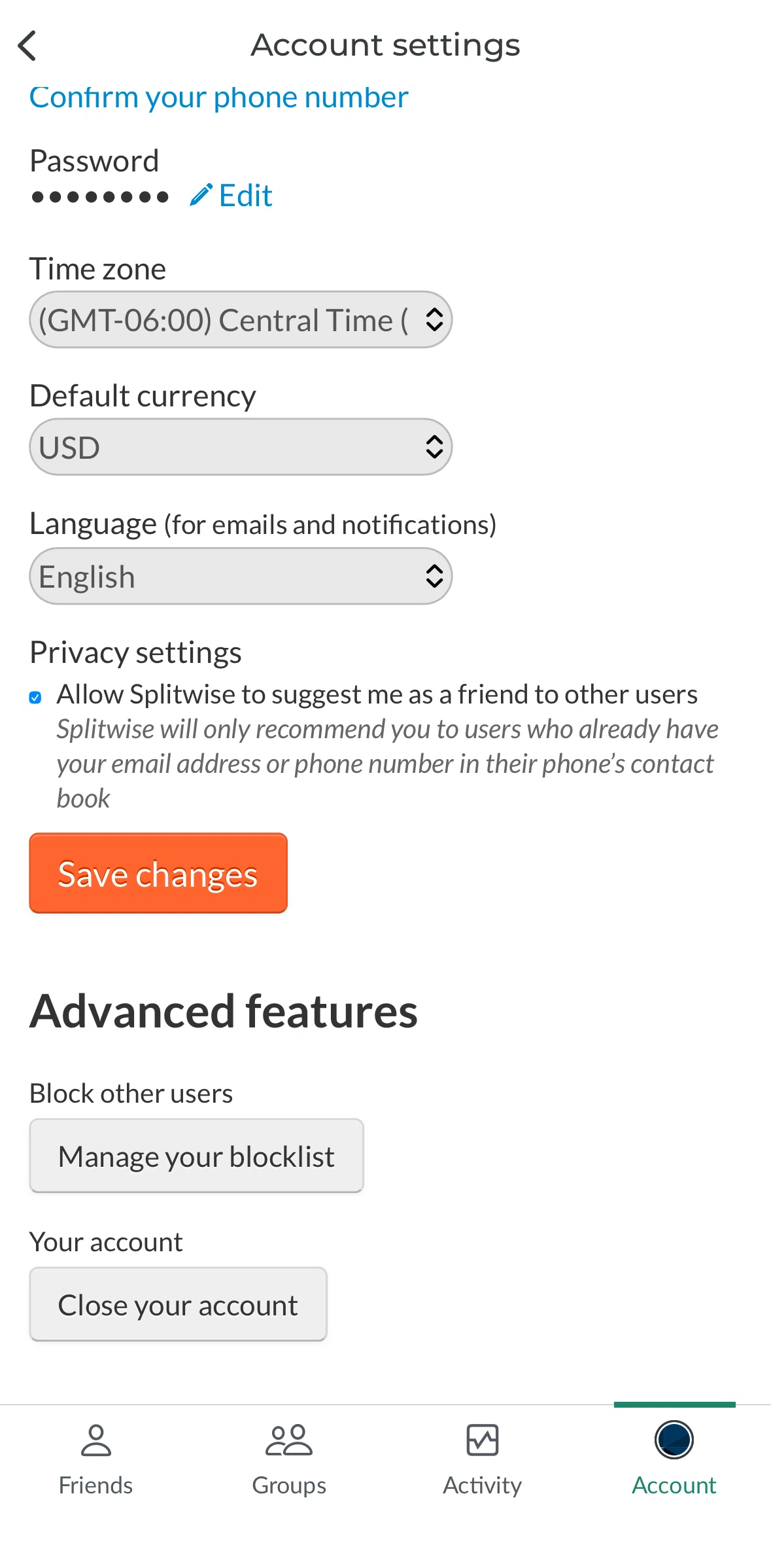 Splitwise Screen screen in the Manage blocklist flow